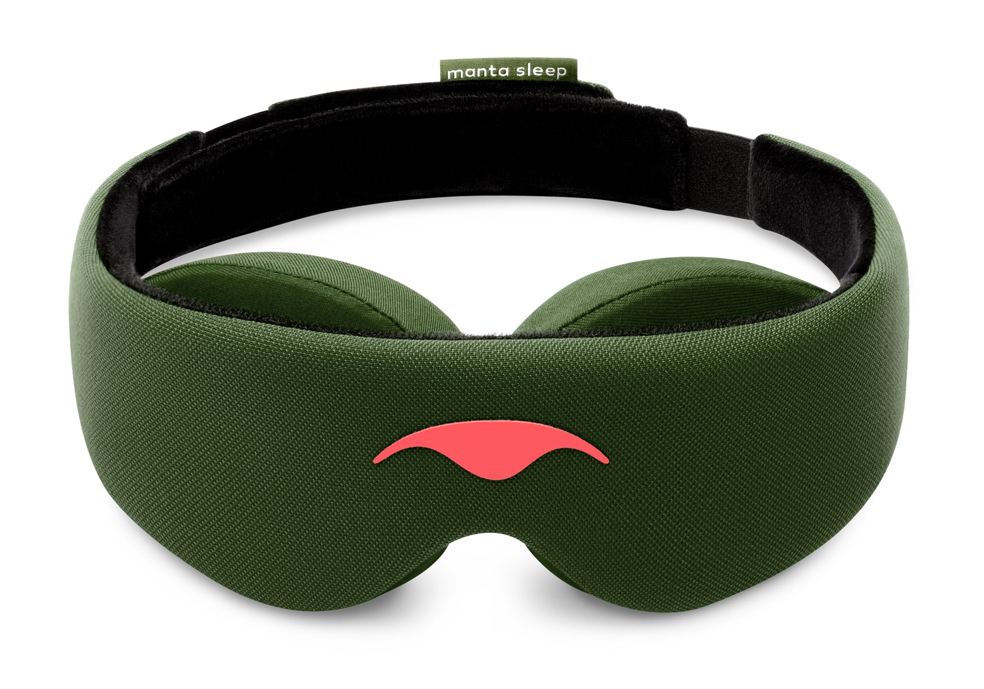 Direct front view of the forest green Manta Sleep Mask arranged in a freestanding circle against a white backdrop, showcasing the smooth green exterior fabric texture, the centered coral-red Manta Sleep logo, and the black inner headband lining.