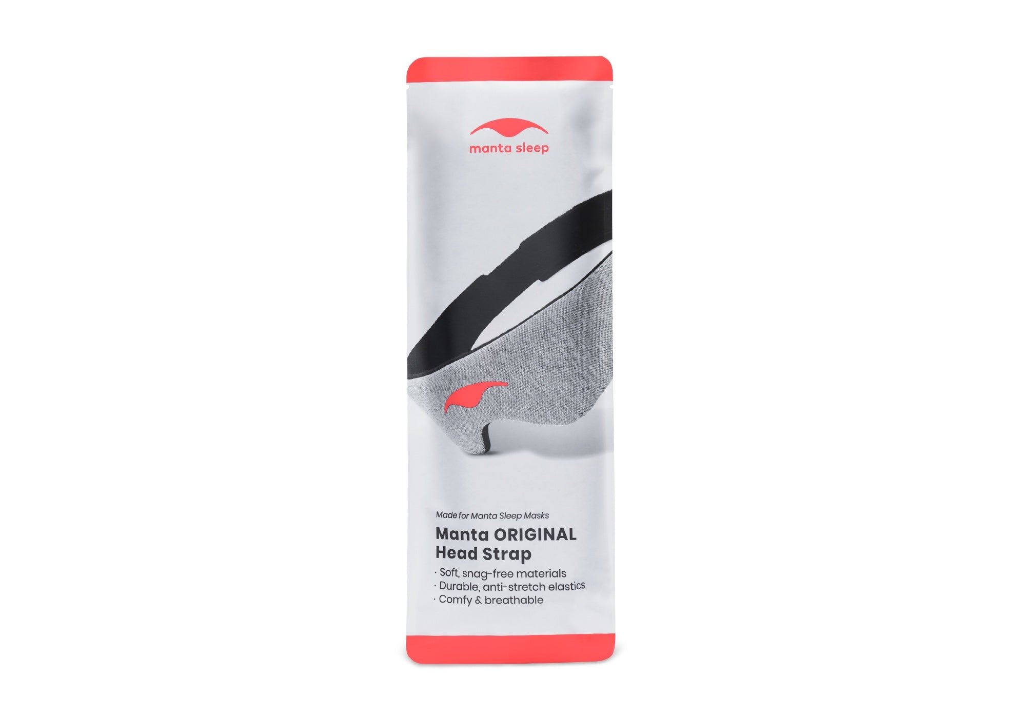 Product packaging for the Manta ORIGINAL Head Strap, featuring a white and red bag with a graphic of the grey and black mask strap.