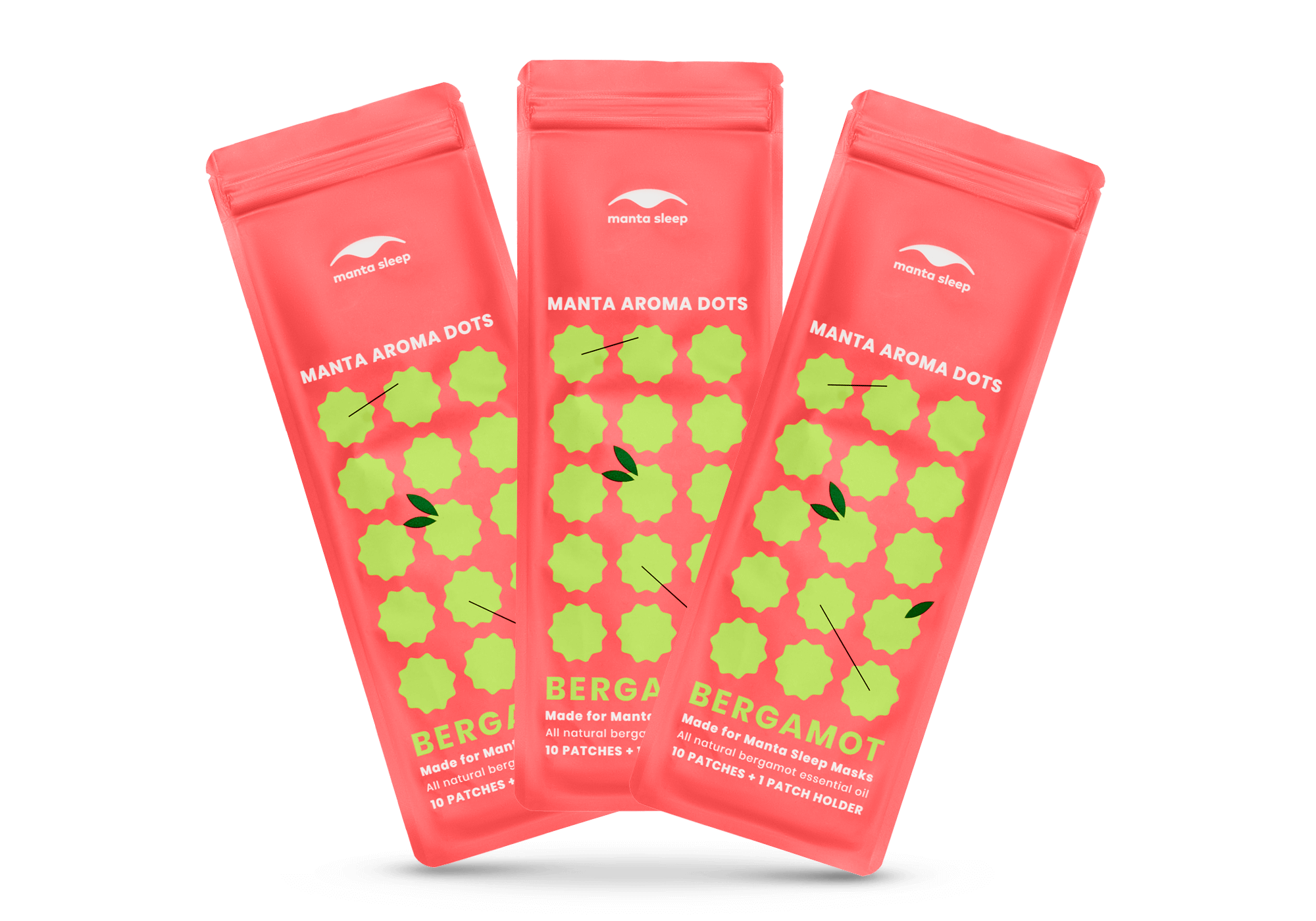 Three coral-red Manta Aroma Dots packets for the Bergamot variant arranged in a fan shape, isolated on a clean white background.