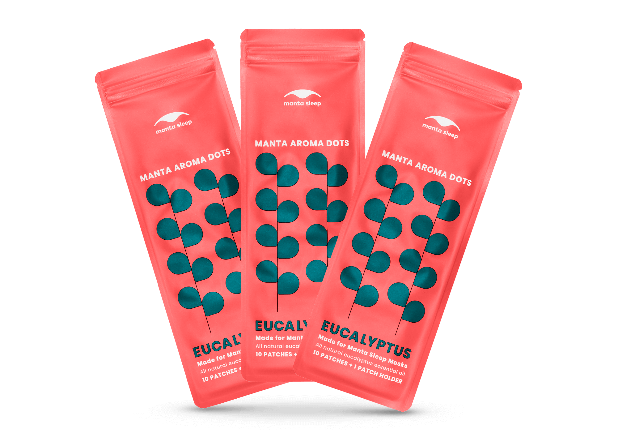 Three coral-red Manta Aroma Dots packets for the Eucalyptus variant arranged in a fan shape, isolated on a clean white background.