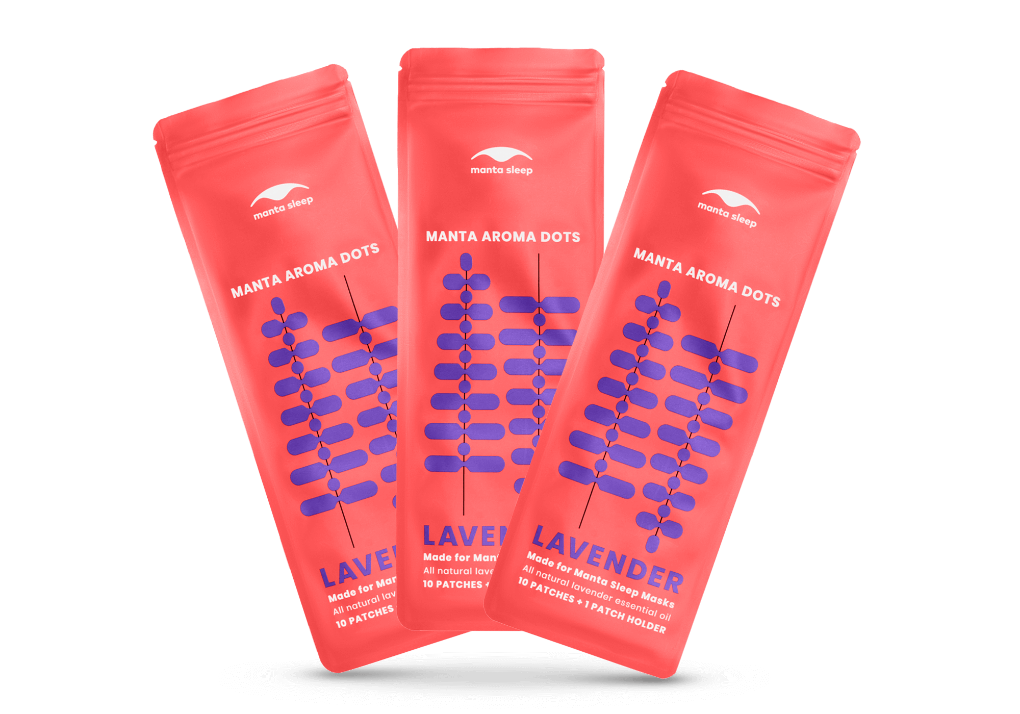 Three coral-red Manta Aroma Dots packets for the Lavender variant arranged in a fan shape, isolated on a clean white background.