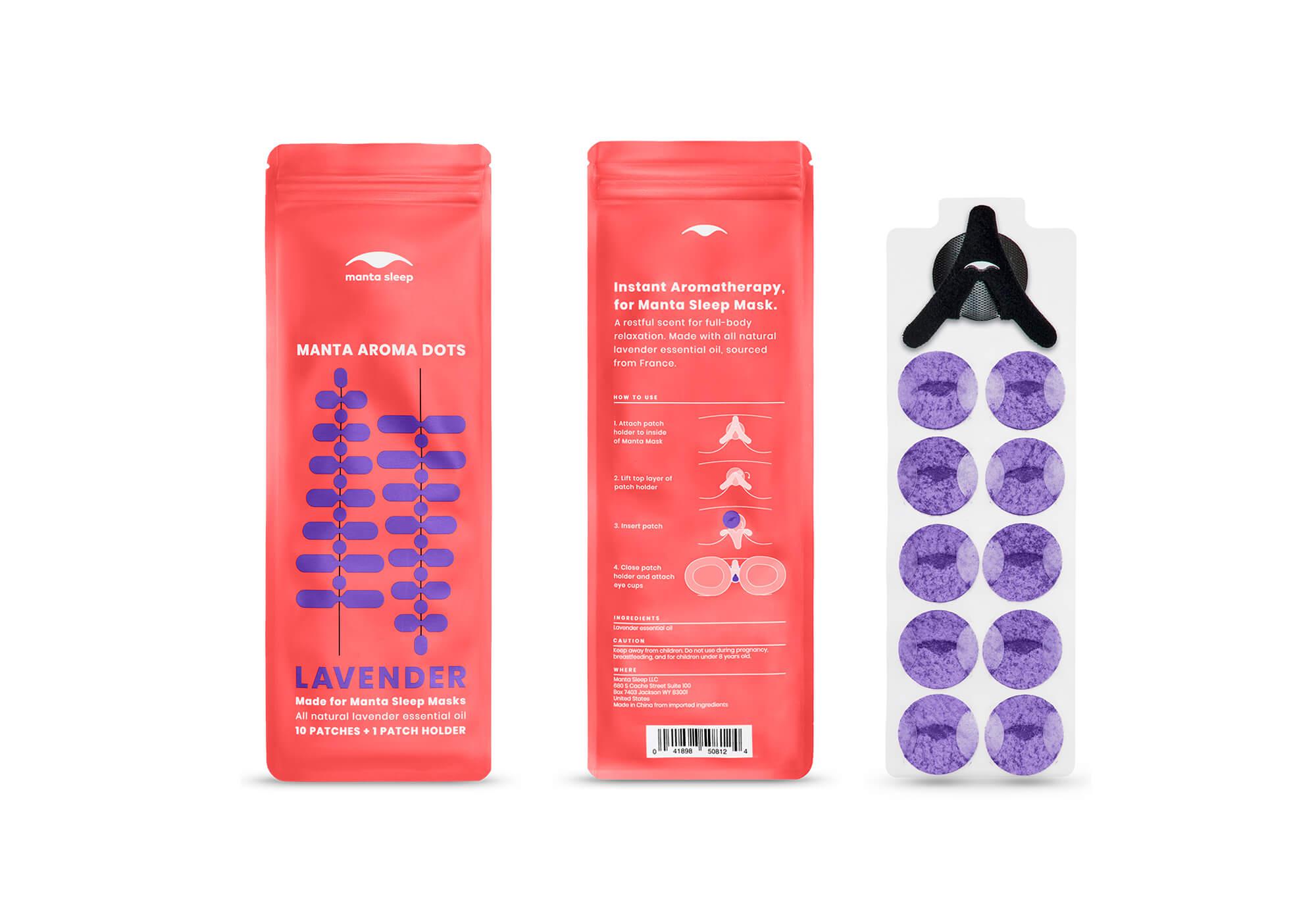 The front and back of a coral Lavender Manta Aroma Dots packet displayed alongside a clear sheet containing 10 purple patches and a black holder, on white.
