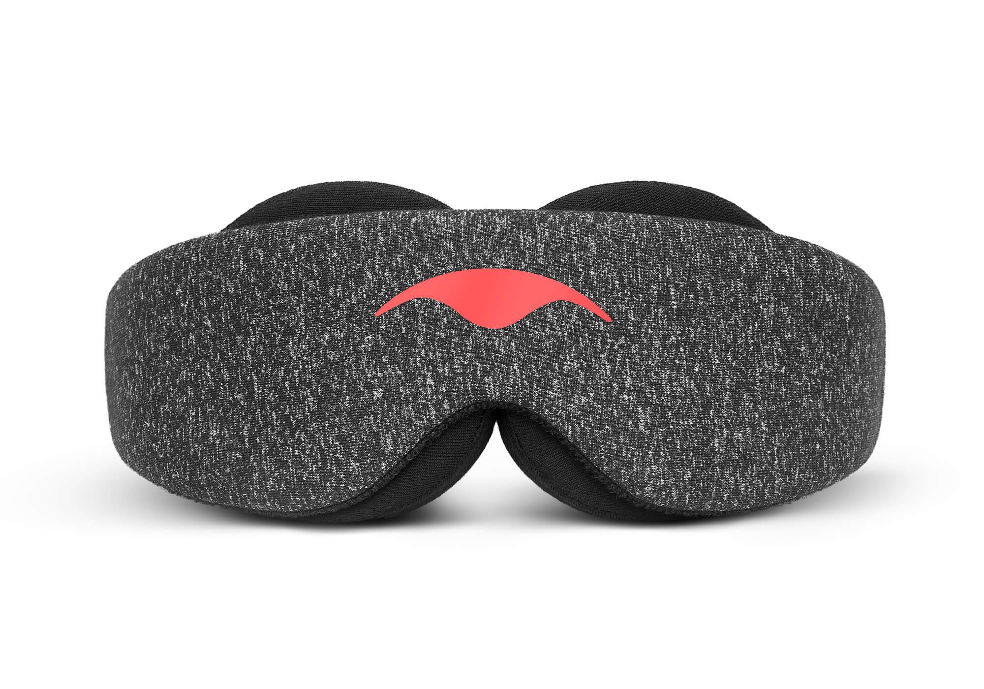 Direct front view of the Carbon Black Manta Sleep Mask laid flat against a white background, highlighting its symmetry, speckled dark gray heather fabric, and the contrasting coral-red Manta Sleep logo in the center.