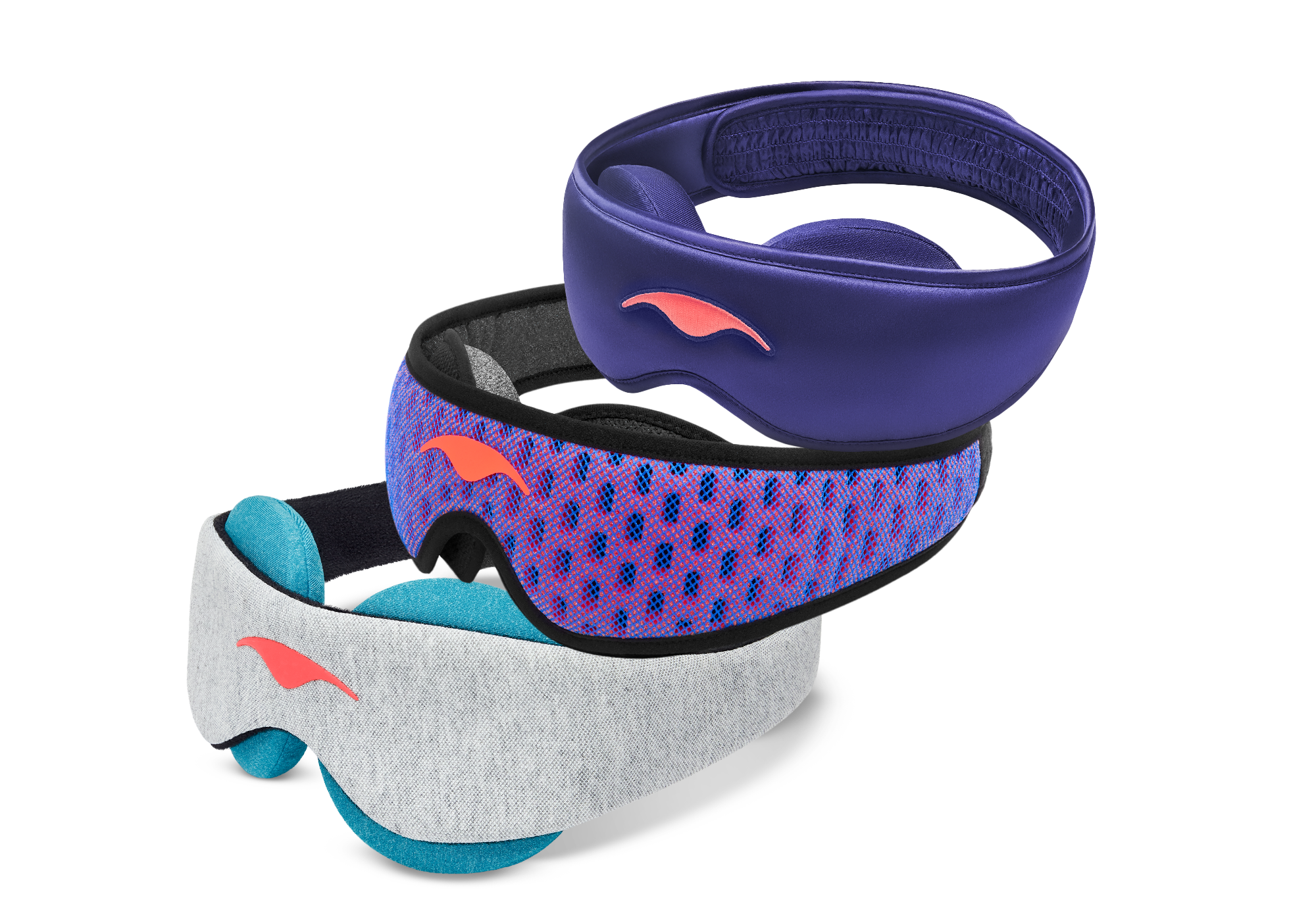 Three stacked Manta Sleep masks: a purple Manta SILK Sleep Mask on top, a blue and red Manta PRO Sleep Mask in the middle, and a grey Manta COOL Sleep Mask with blue-teal eye cups on the bottom.