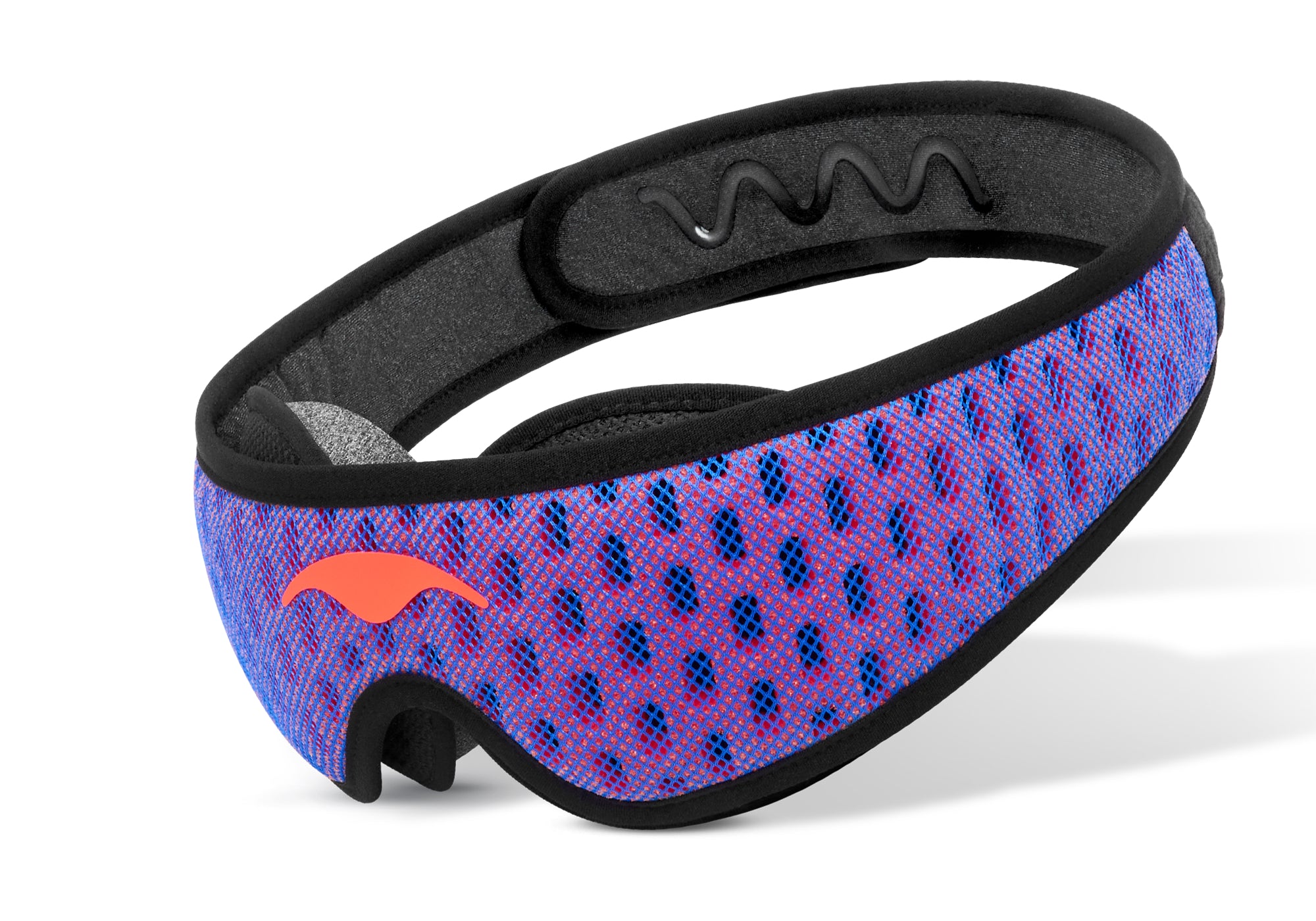 Three-quarter studio shot of the Manta Sleep Mask PRO with a blue and red mesh strap, black borders, and an coral-red Manta Sleep logo.
