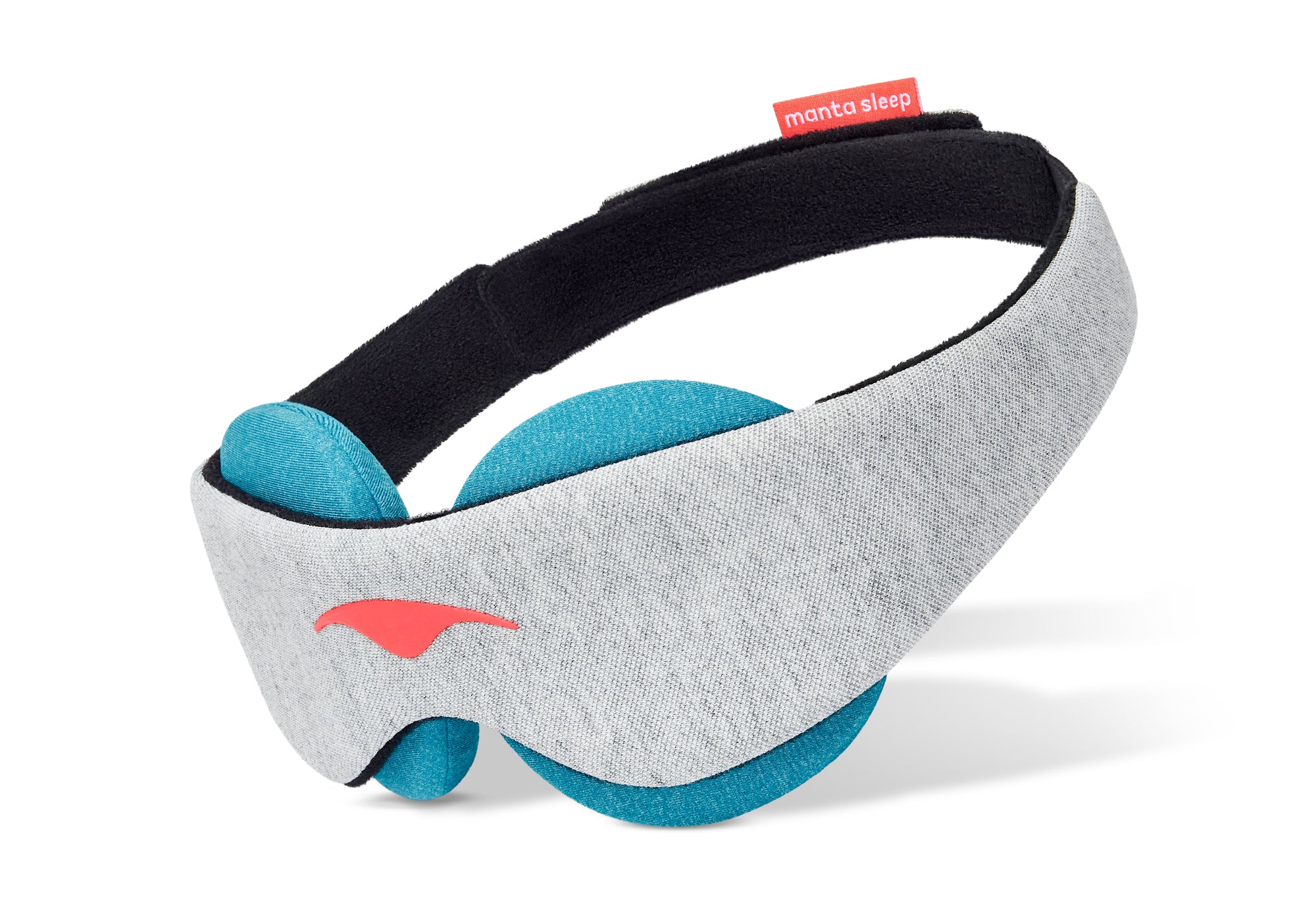Three-quarter profile view of a grey Manta COOL Sleep Mask showing the soft blue-teal circular eye cups, isolated on white.