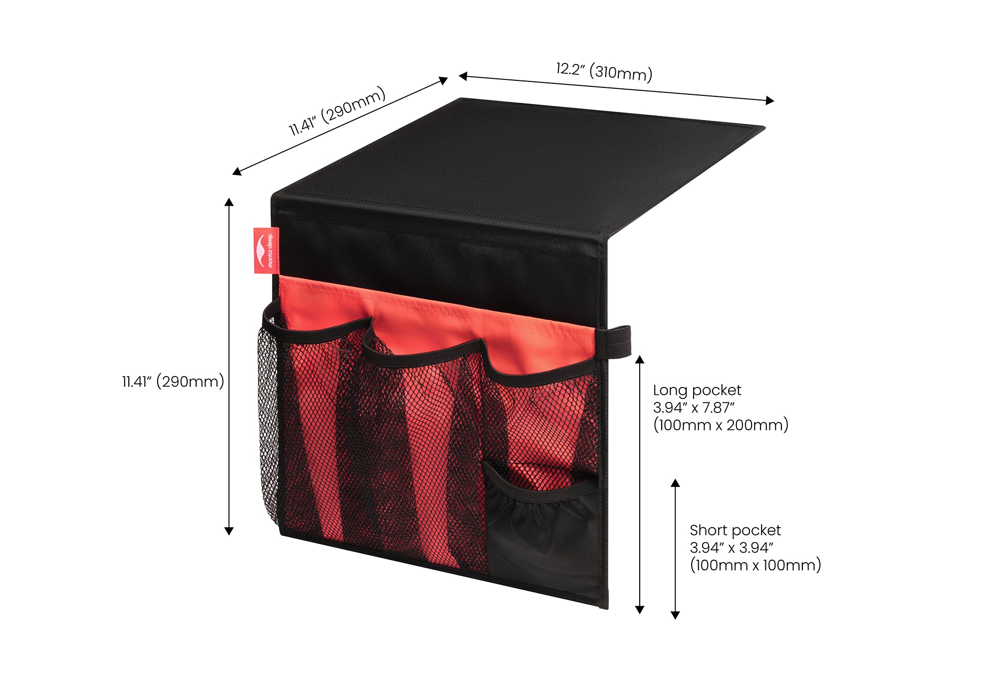 Product diagram of the black and coral Manta Bedside Caddy showing precise pocket and panel dimensions in inches and millimeters.