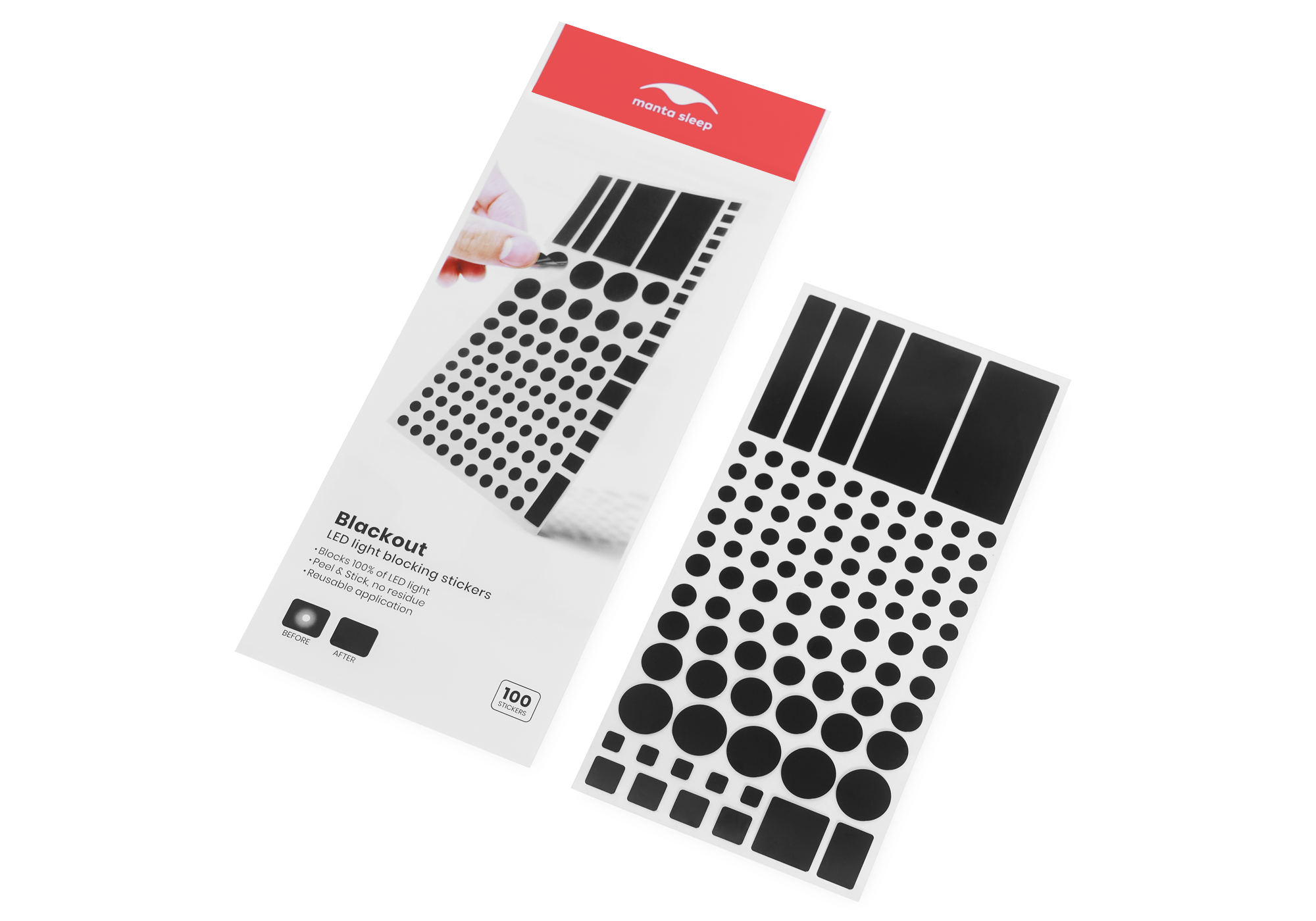 High-angle shot of a Manta Sleep Blackout sticker pack next to an open sheet filled with one hundred black light blocking stickers of different sizes.