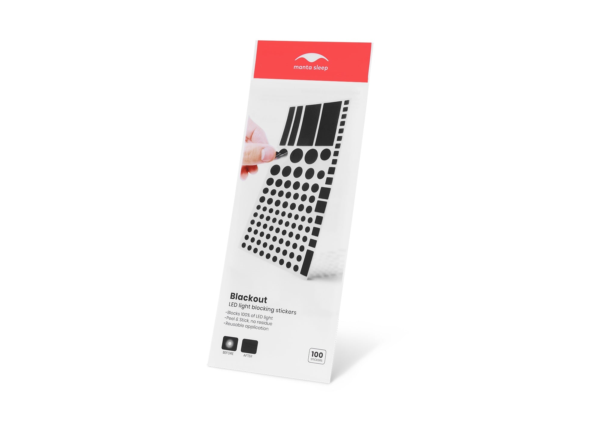 One pack of Manta Sleep Blackout LED light blocking stickers standing upright, showcasing the packaging design against a crisp white background.