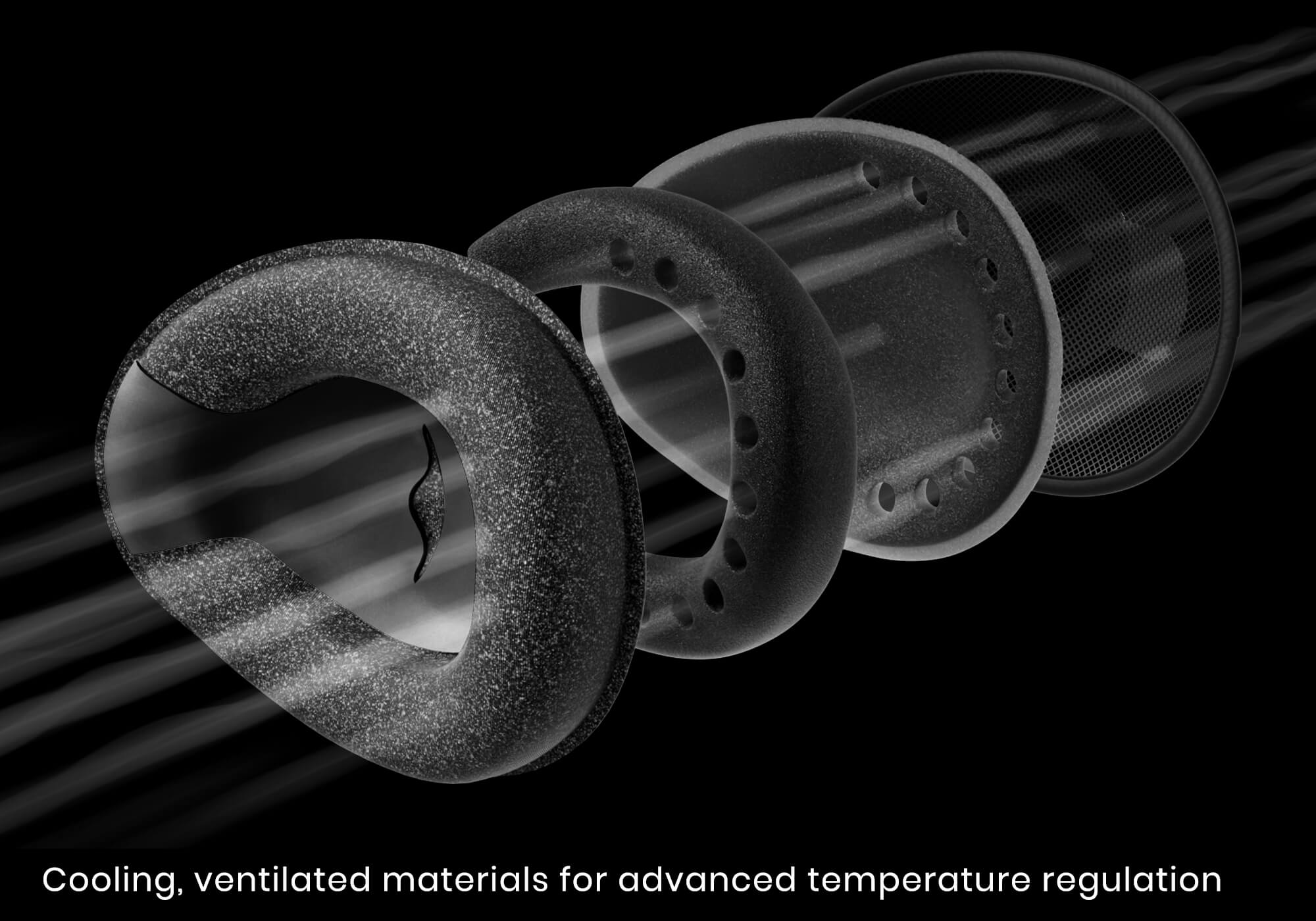Exploded diagram of an eye cup showing airflow lines moving through ventilated layers, with caption "Cooling, ventilated materials for advanced temperature regulation".