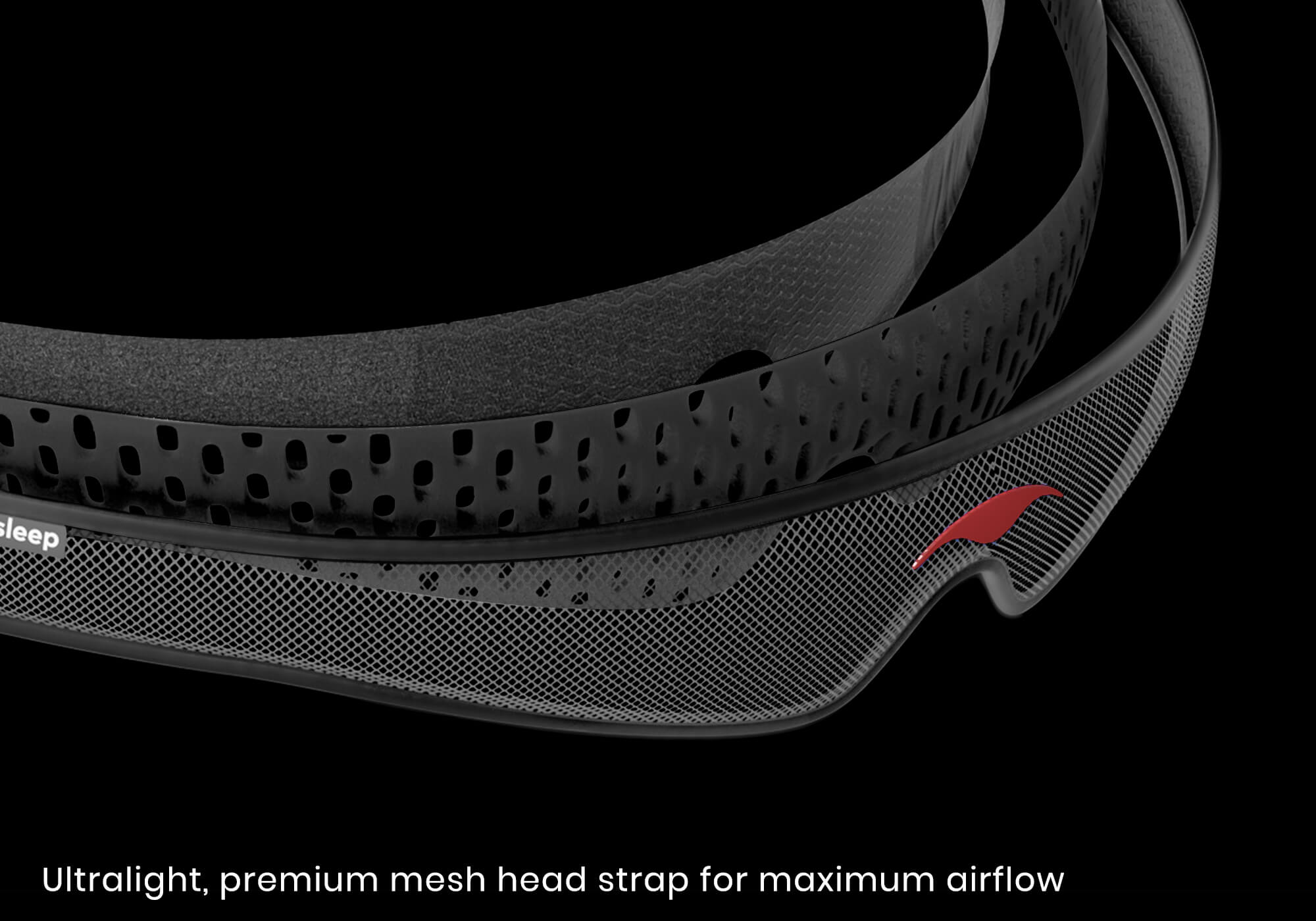 Exploded 3D view showing the layers of the premium black mesh head strap, with caption "Ultralight, premium mesh head strap for maximum airflow".