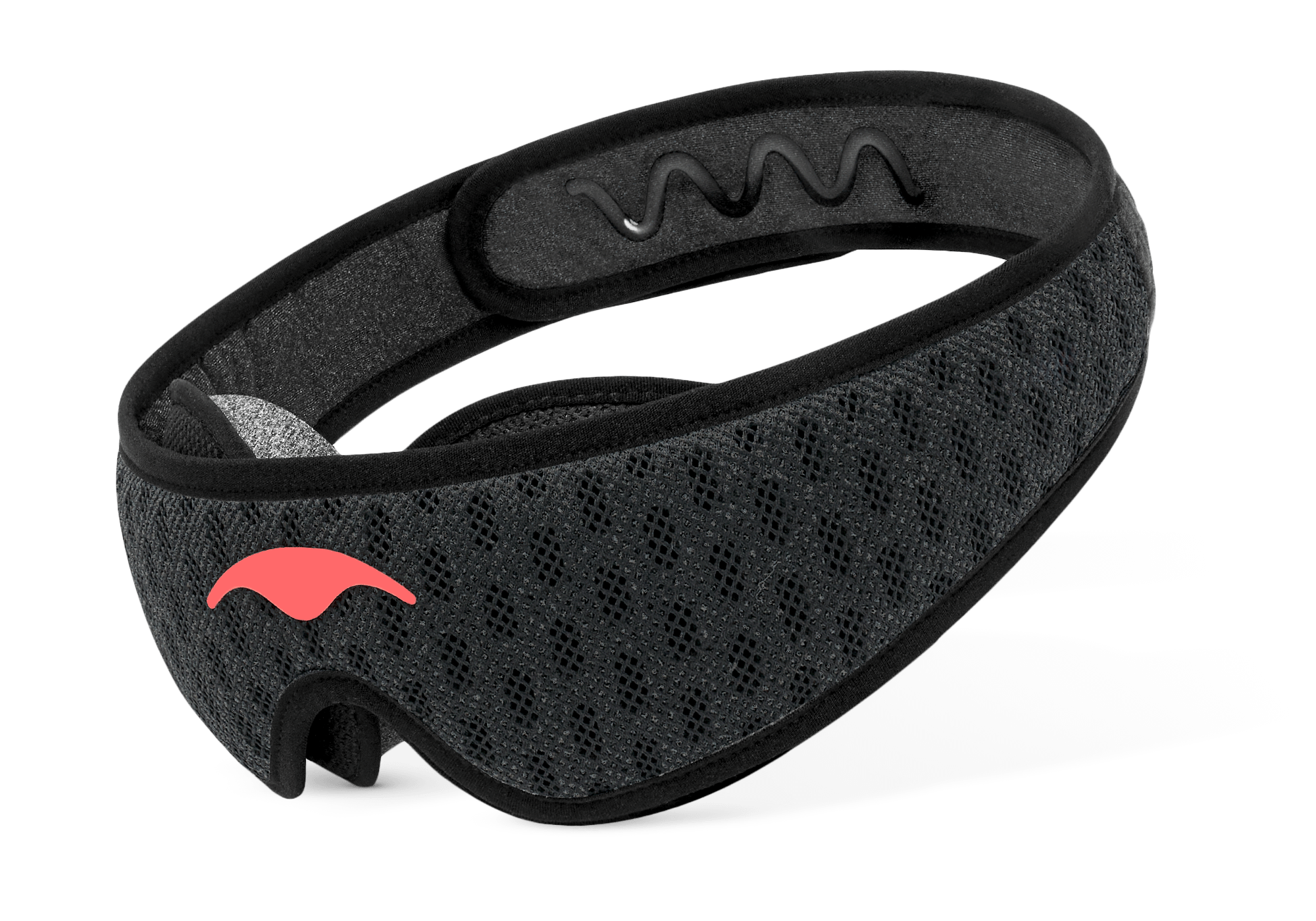 Three-quarter studio shot of the Manta Sleep Mask PRO in Carbon Black, displaying the breathable mesh strap and a coral Manta Sleep logo.
