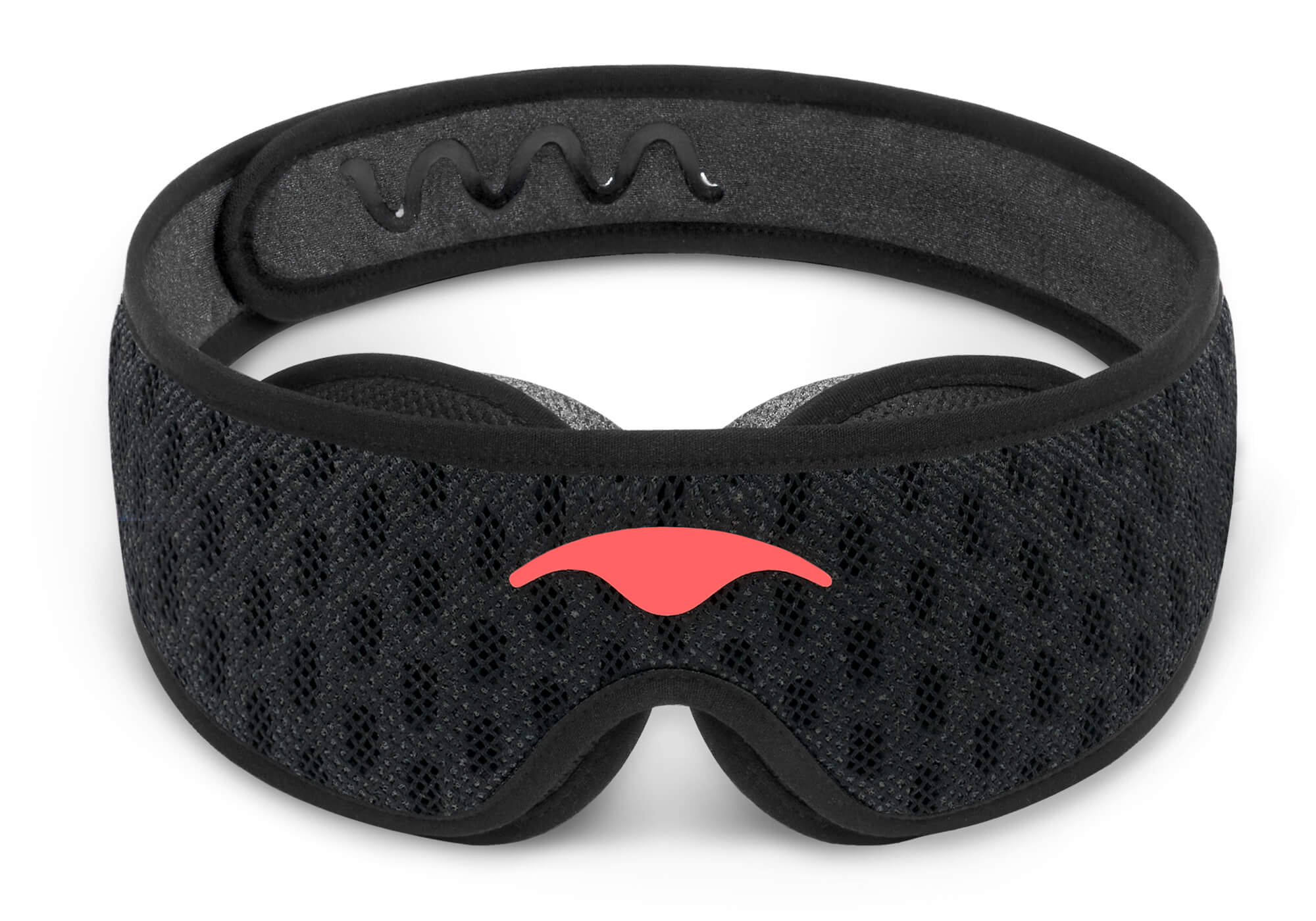 Front view of the Manta Sleep Mask PRO in Carbon Black, showcasing its perforated dark mesh fabric and a contrast coral Manta Sleep logo.
