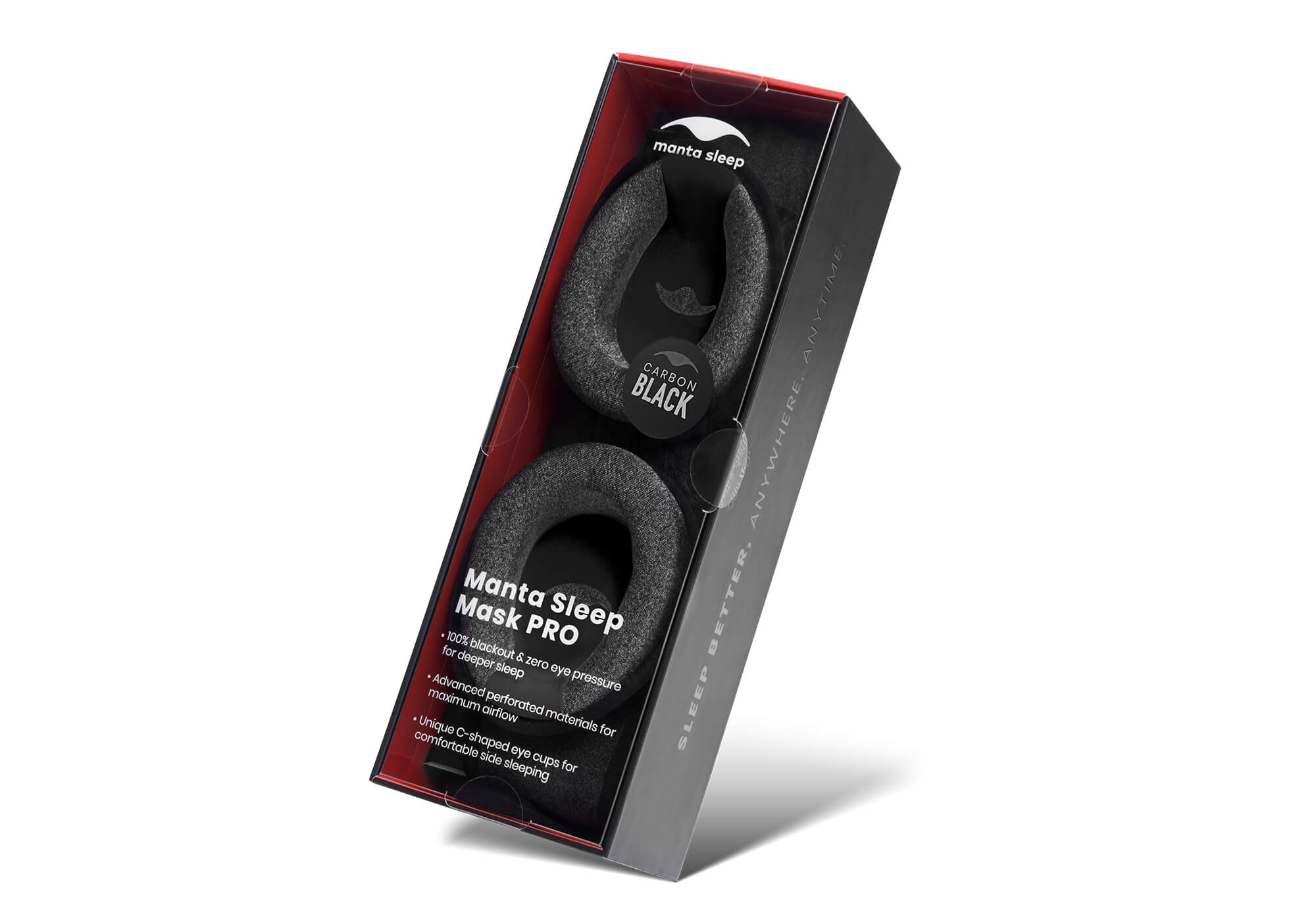 The Carbon Black Manta Sleep Mask PRO packaged in a black retail box featuring a circular "Carbon Black" sticker on the window panel.