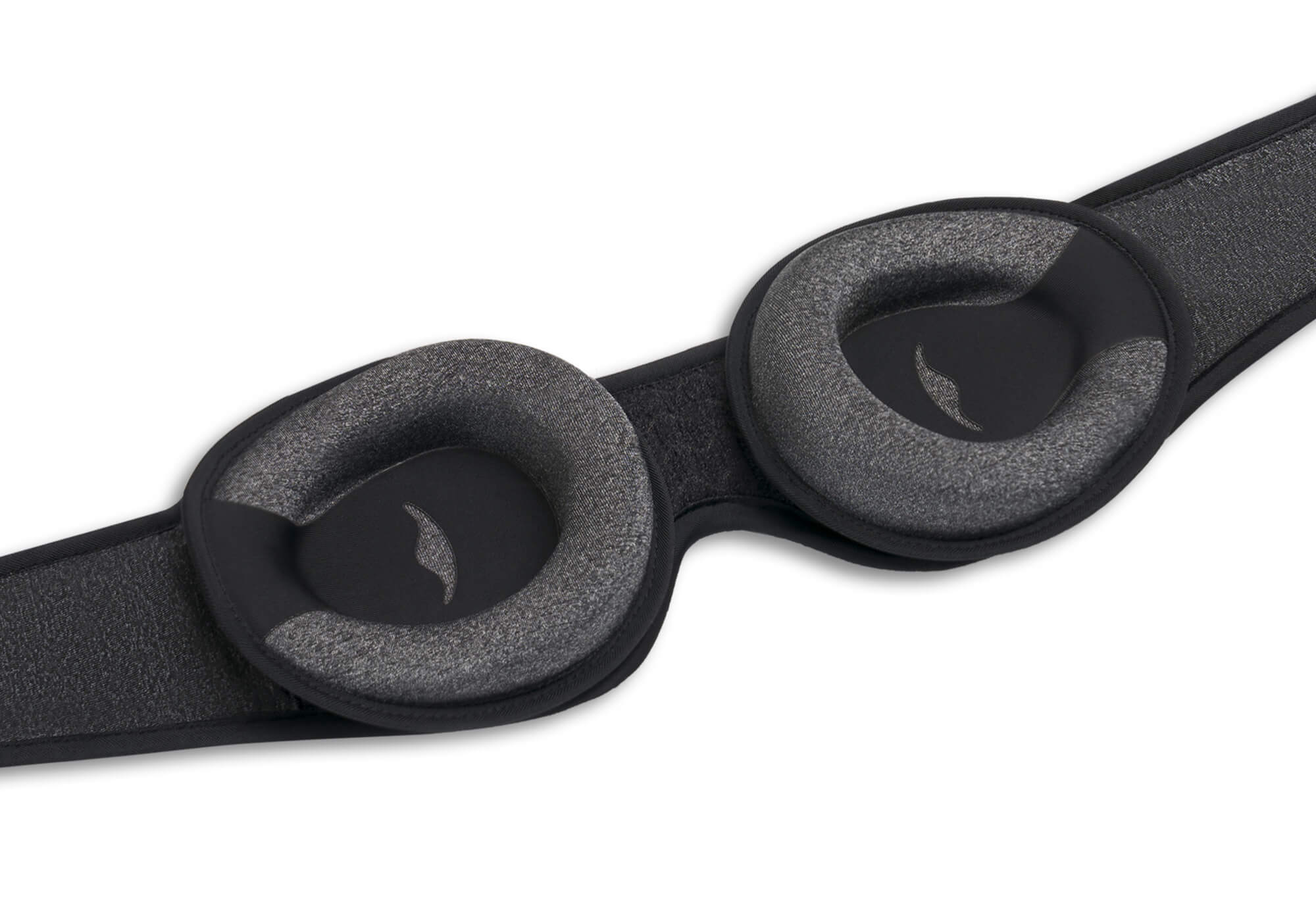 Inner view of the Carbon Black Manta Sleep Mask PRO showing two adjustable, contoured grey foam eye cups attached to the dark head strap.