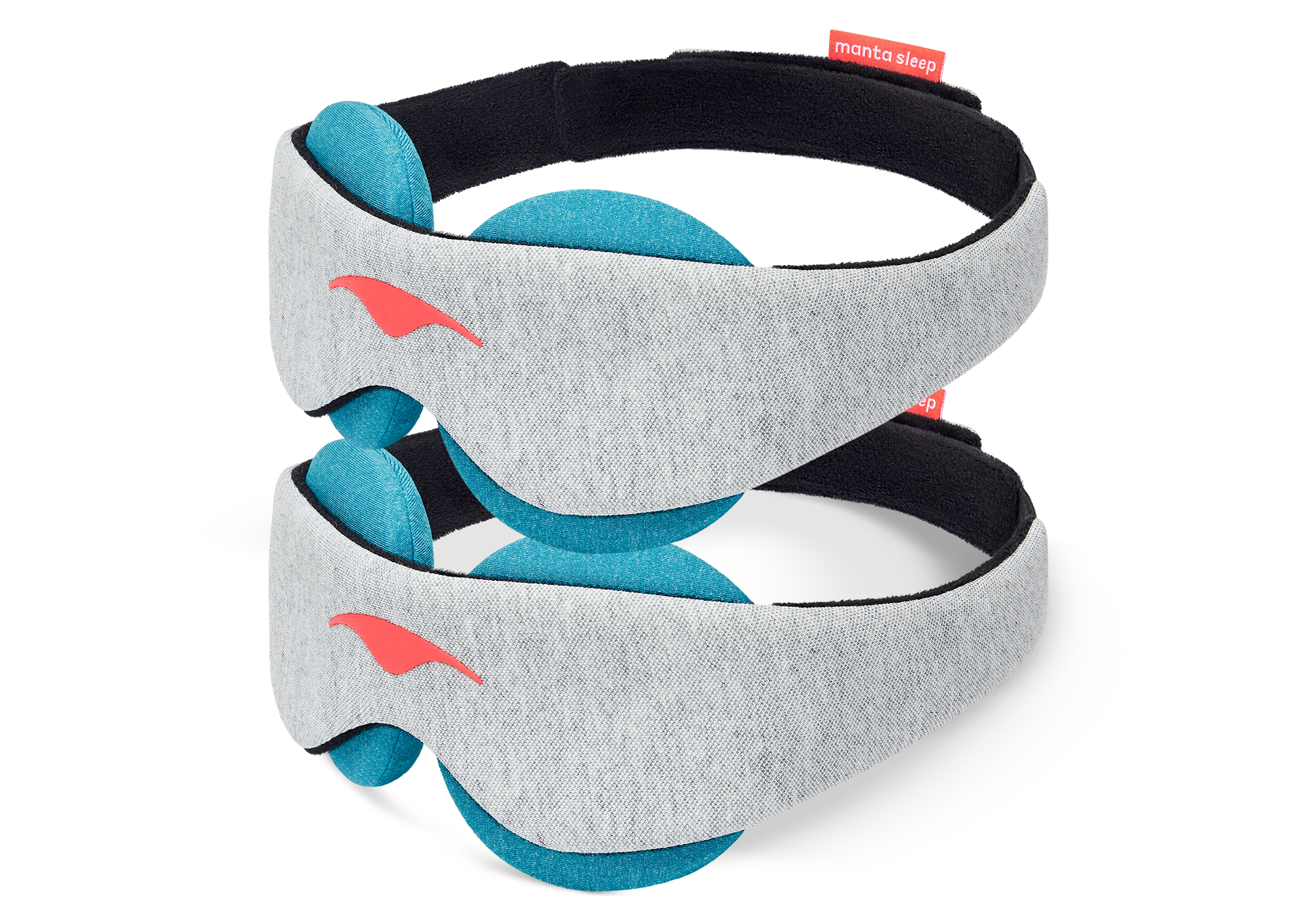 Two light grey sleep masks featuring coral logos and vibrant blue-teal circular eye cups neatly stacked on top of each other, on white.