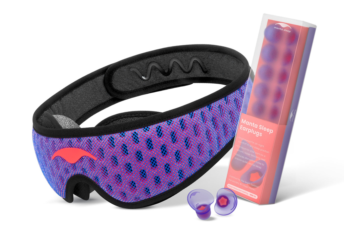 A coral-red and blue mesh Manta PRO Sleep Mask alongside a box of purple Manta Sleep Earplugs and a loose pair of earplugs, isolated on white.