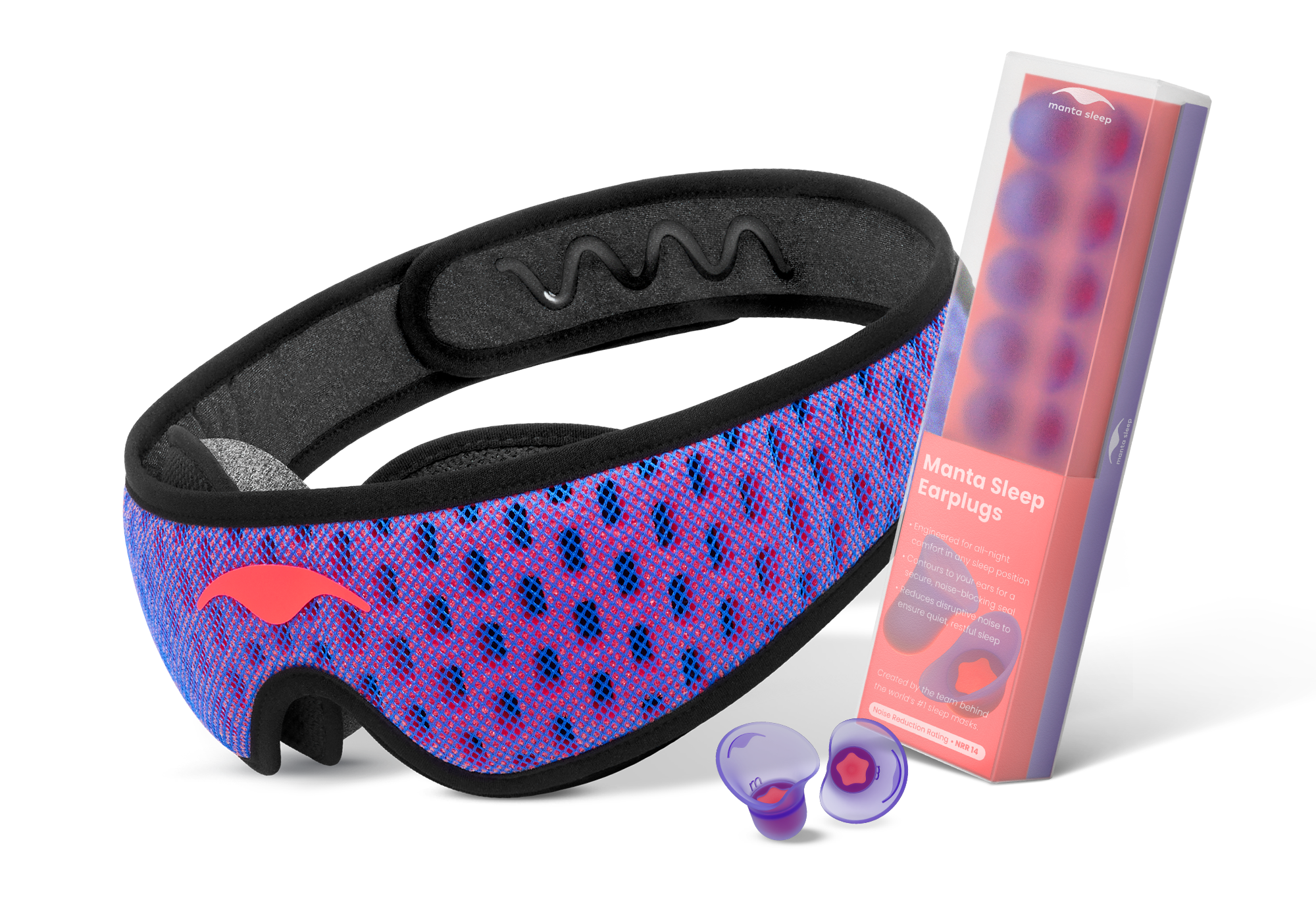 A coral-red and blue mesh Manta PRO Sleep Mask alongside a box of purple Manta Sleep Earplugs and a loose pair of earplugs, isolated on white.