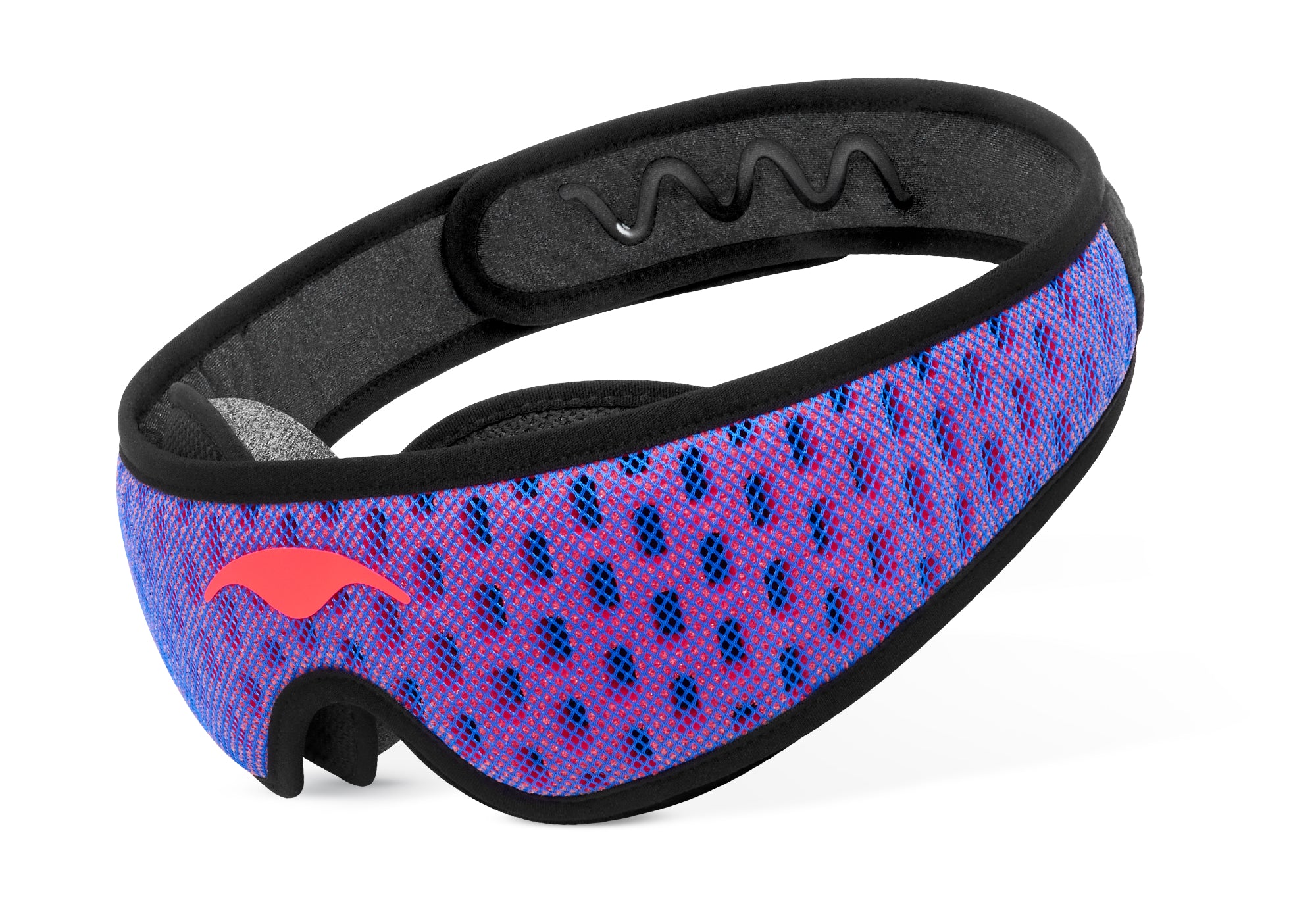 Three-quarter studio shot of the Manta Sleep Mask PRO with a blue and red mesh strap, black borders, and an coral-red Manta Sleep logo.