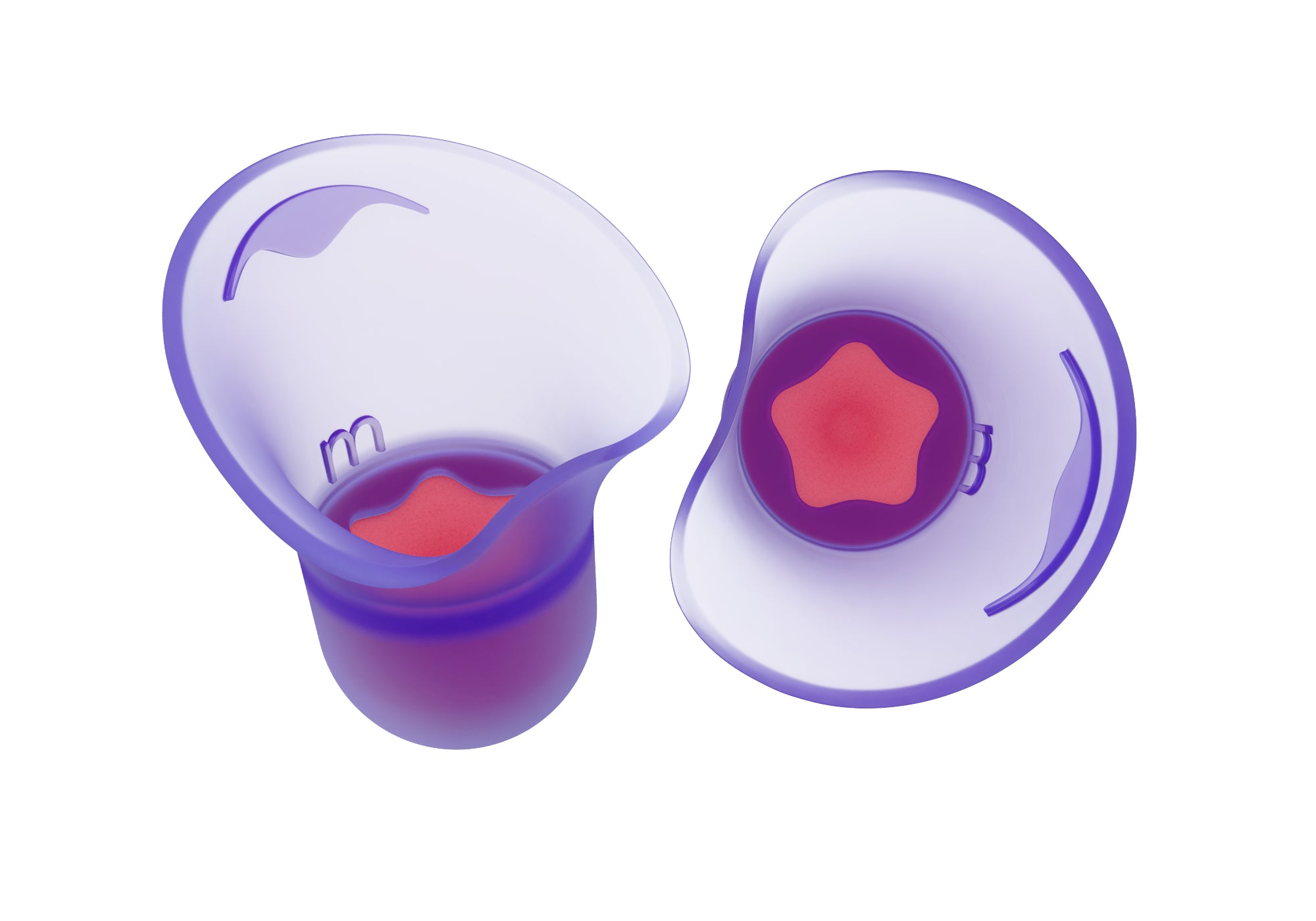 Pair of purple silicone earplugs showing the "m" size indicator and pink star-shaped foam cores inside, isolated on white.