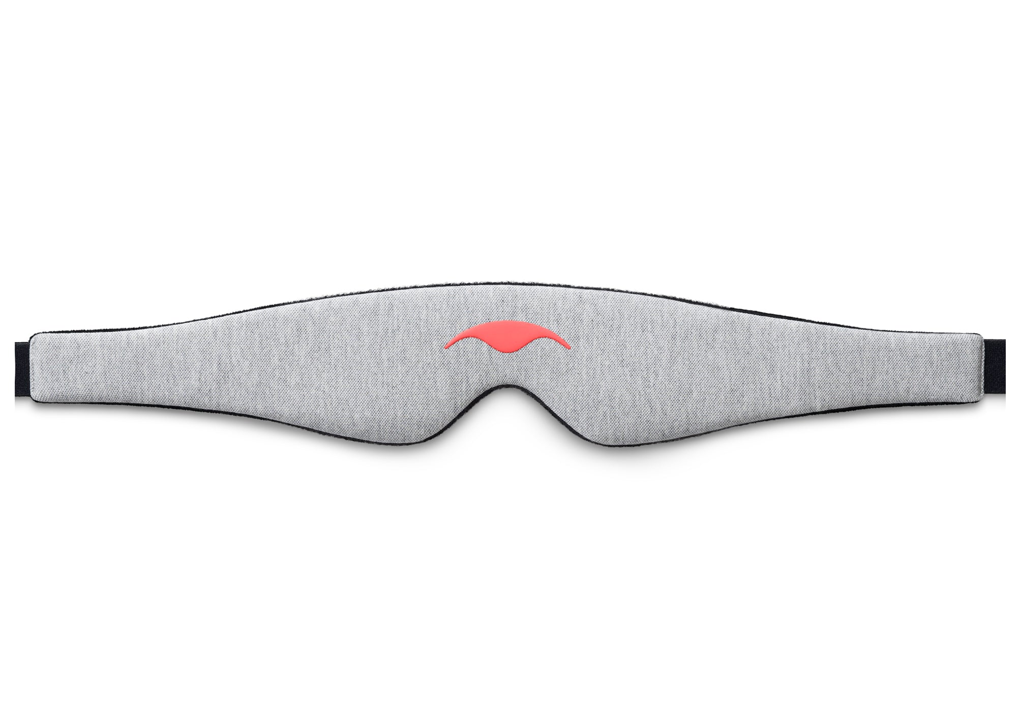 Flat lay view of the grey, textured exterior side of the sleep mask head strap, featuring a central coral Manta Sleep logo on a white background.