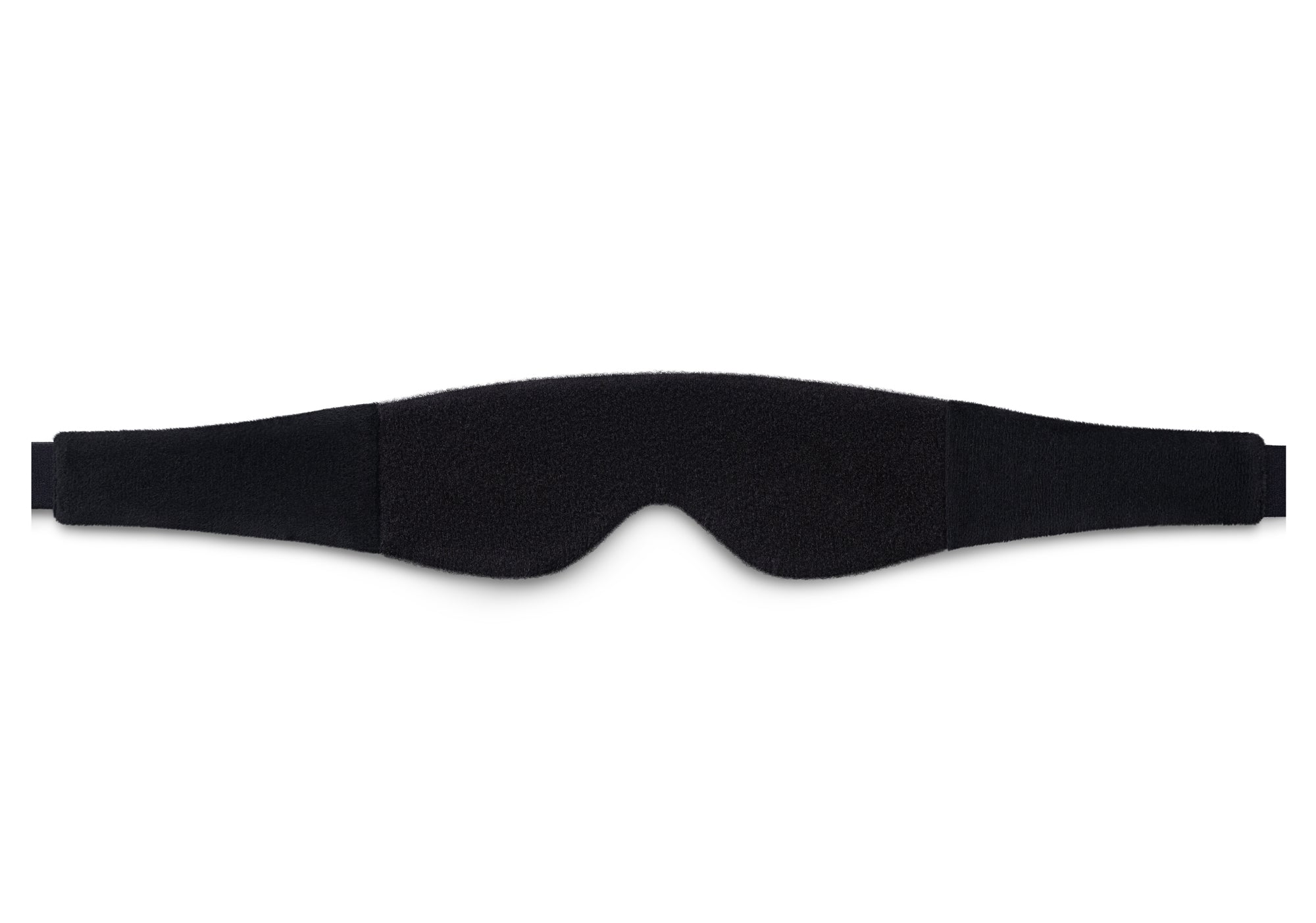 Flat lay view of the black hook-and-loop interior side of the adjustable sleep mask head strap, isolated on a white background.