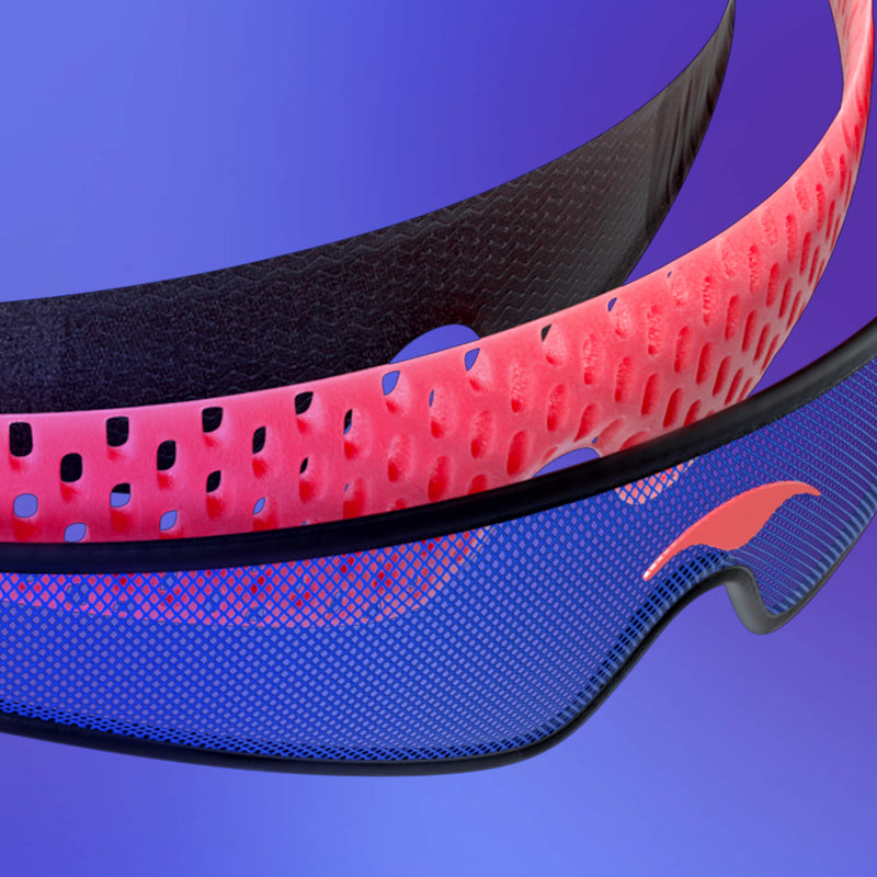 Exploded 3D diagram showing the layered construction of the head strap, including outer mesh, perforated foam, and inner lining.