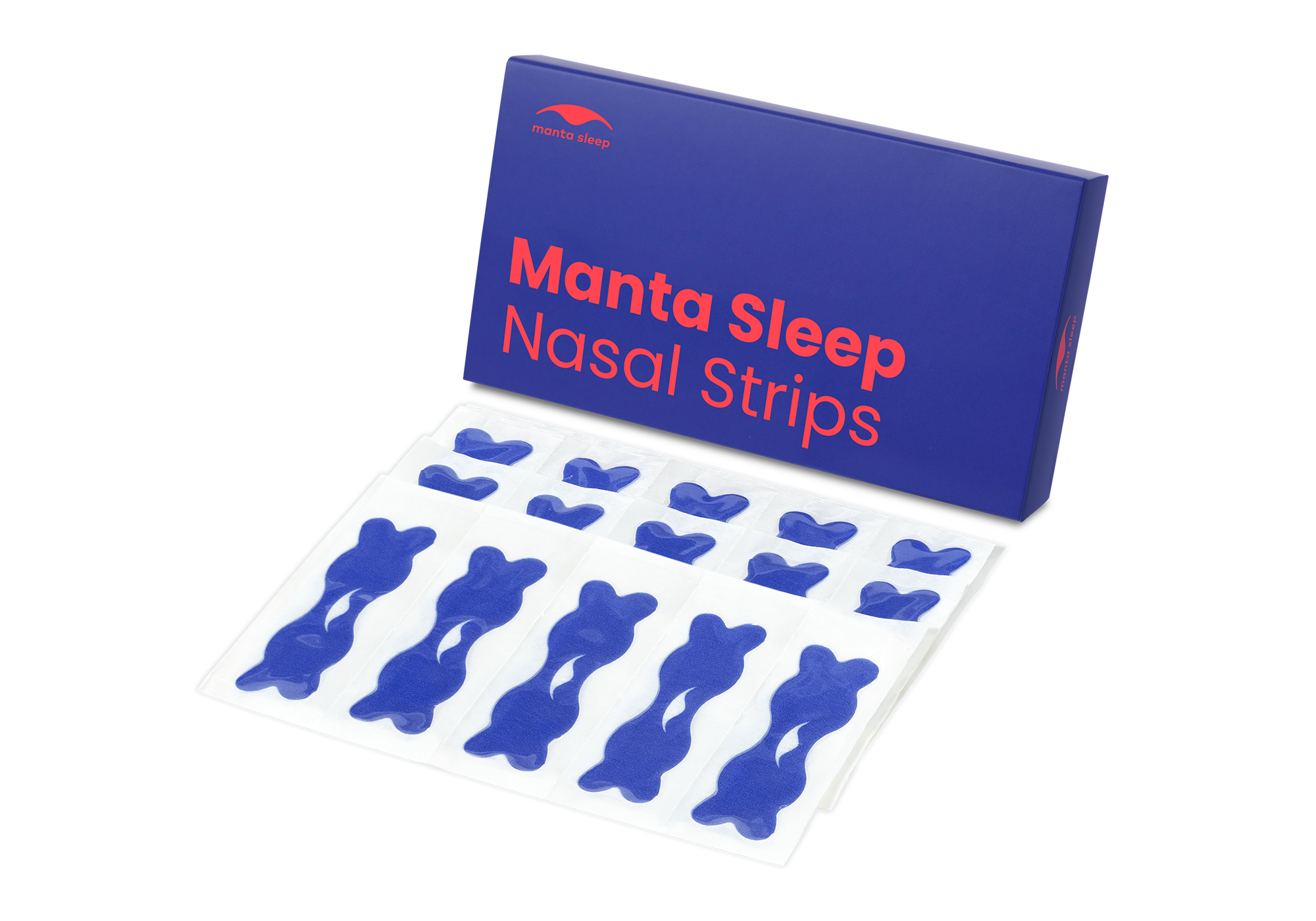 A blue Manta Sleep Nasal Strips product box standing next to several blue nasal strips in clear backing sheets, isolated on white.