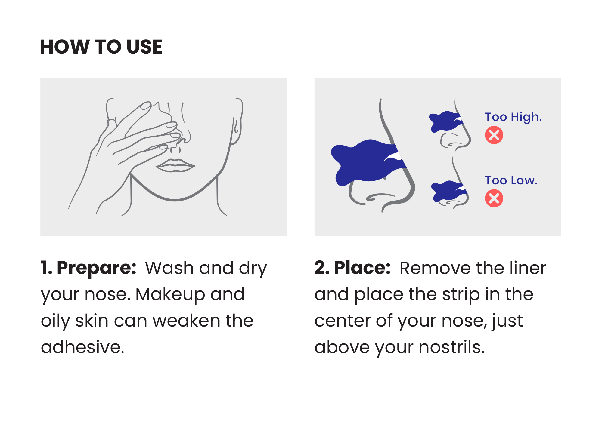Usage diagram showing step 1 to prepare the nose, and step 2 highlighting the correct and incorrect placement of a blue nasal strip.