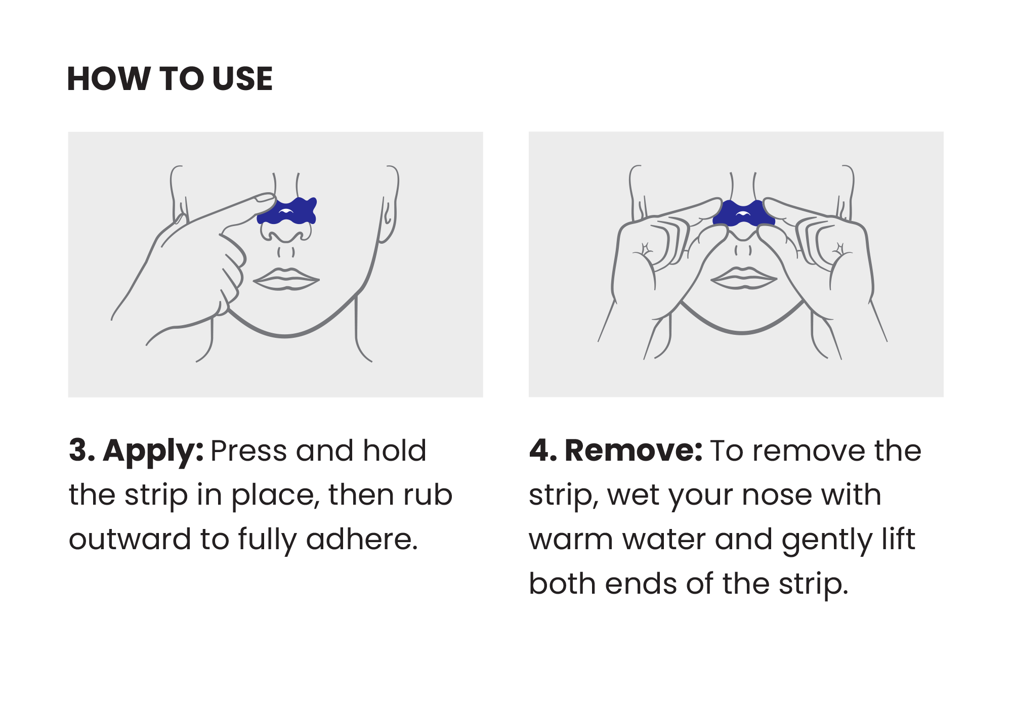 Second part of the usage diagram illustrating steps 3 and 4: applying and removing a blue Manta nasal strip.