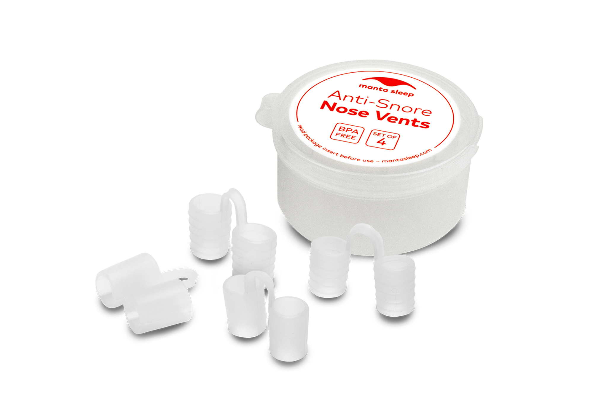 Four translucent Manta Sleep nose vents displayed next to their round white plastic storage case on a white background.