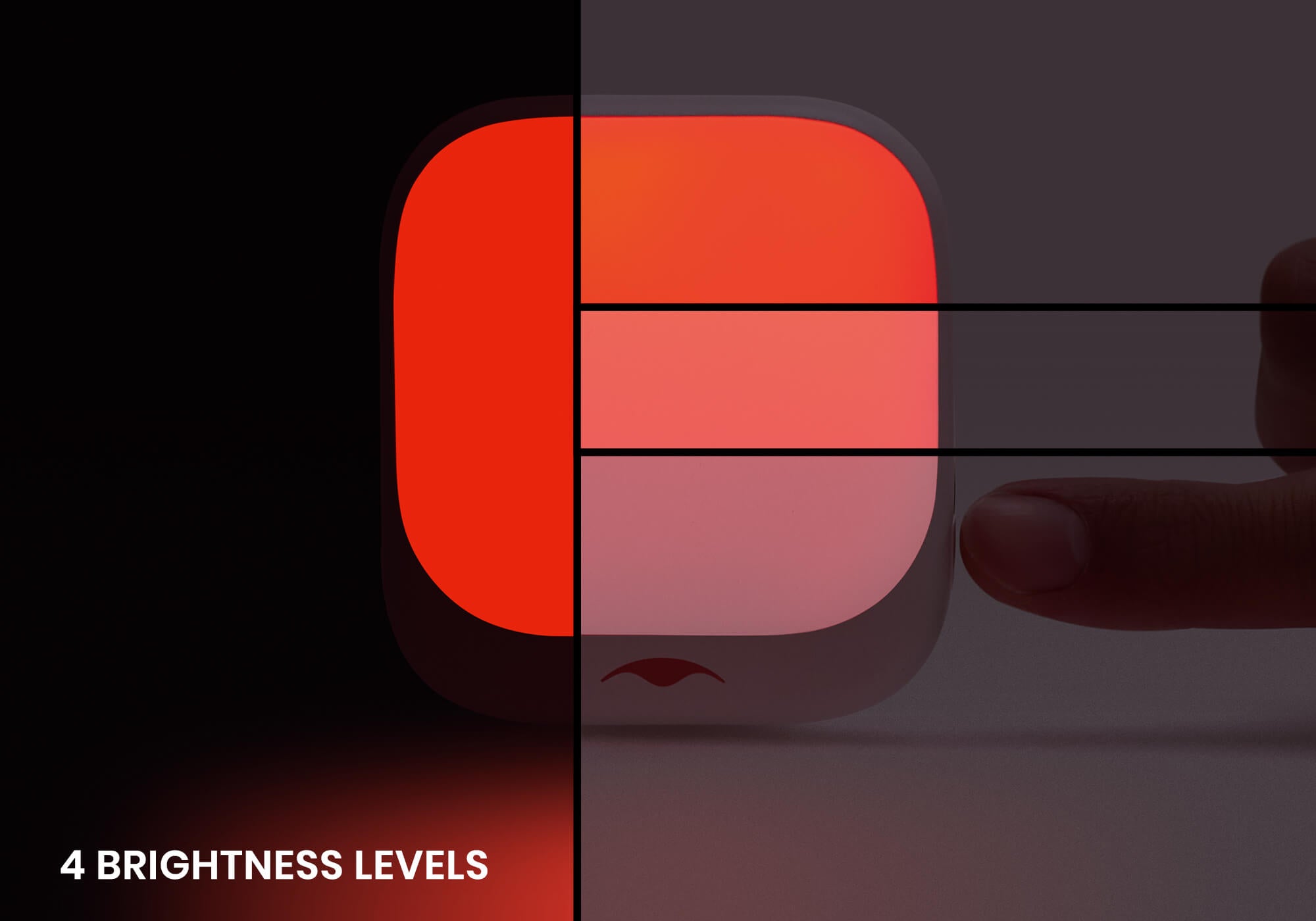 Close-up diagram showing a hand adjusting between four distinct red brightness levels on a Manta Sleep night light.