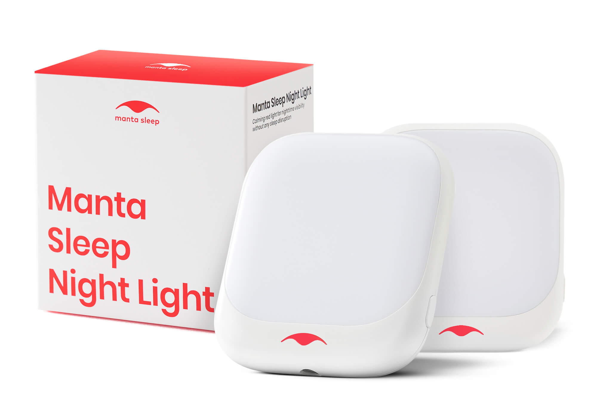 Two white Manta Sleep night lights displayed next to their red and white product packaging box, isolated on a white background.