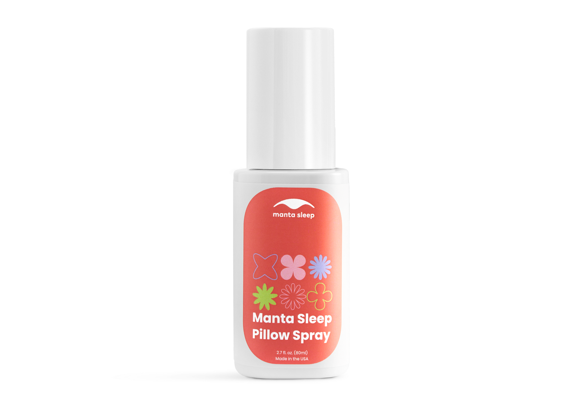 A single white bottle of Manta Sleep Pillow Spray with a red and colorful floral label, isolated on a white background.