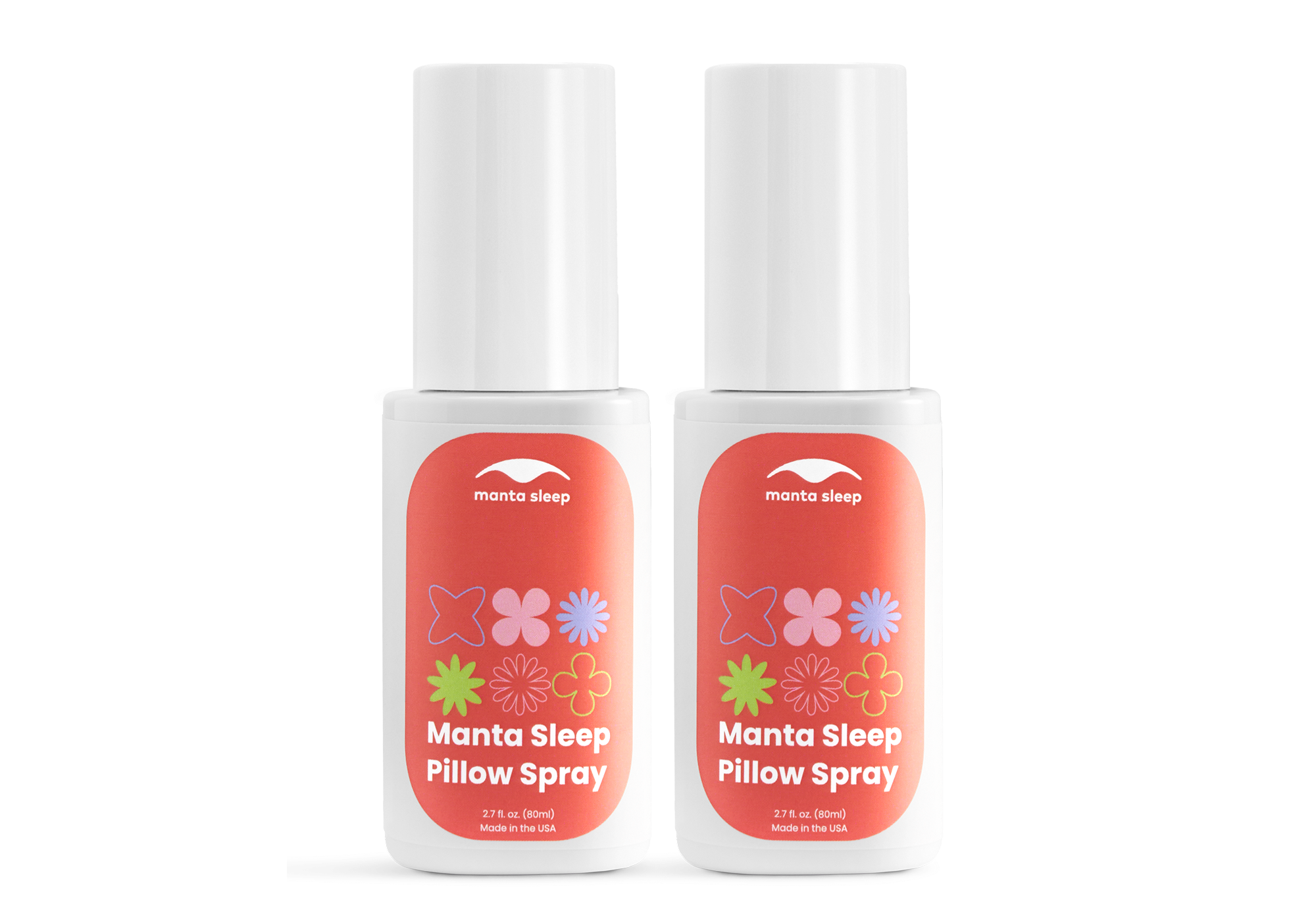 Two white bottles of Manta Sleep Pillow Spray standing side by side, isolated on a pure white background.