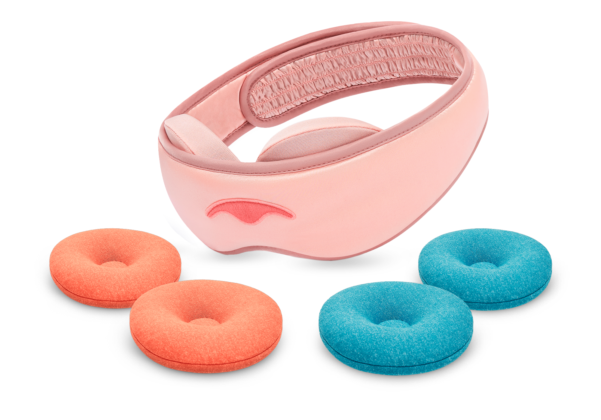 A pink Manta SILK Sleep Mask shown on a white background alongside two round orange STEAM eye cups and two round blue-teal COOL eye cups.