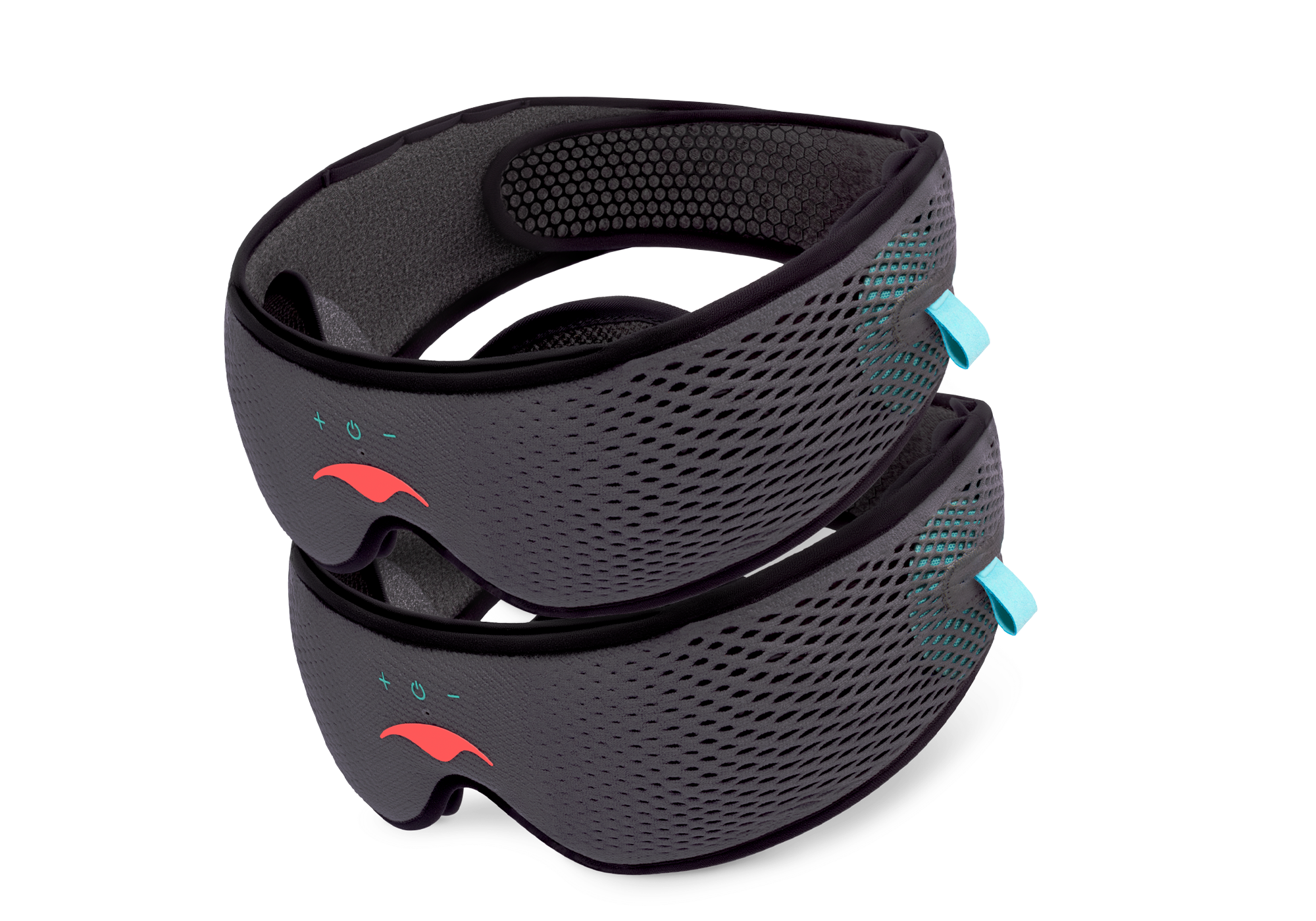 Two grey Manta SOUND Sleep Masks with mesh straps and coral logos neatly stacked on top of one another against a white background.