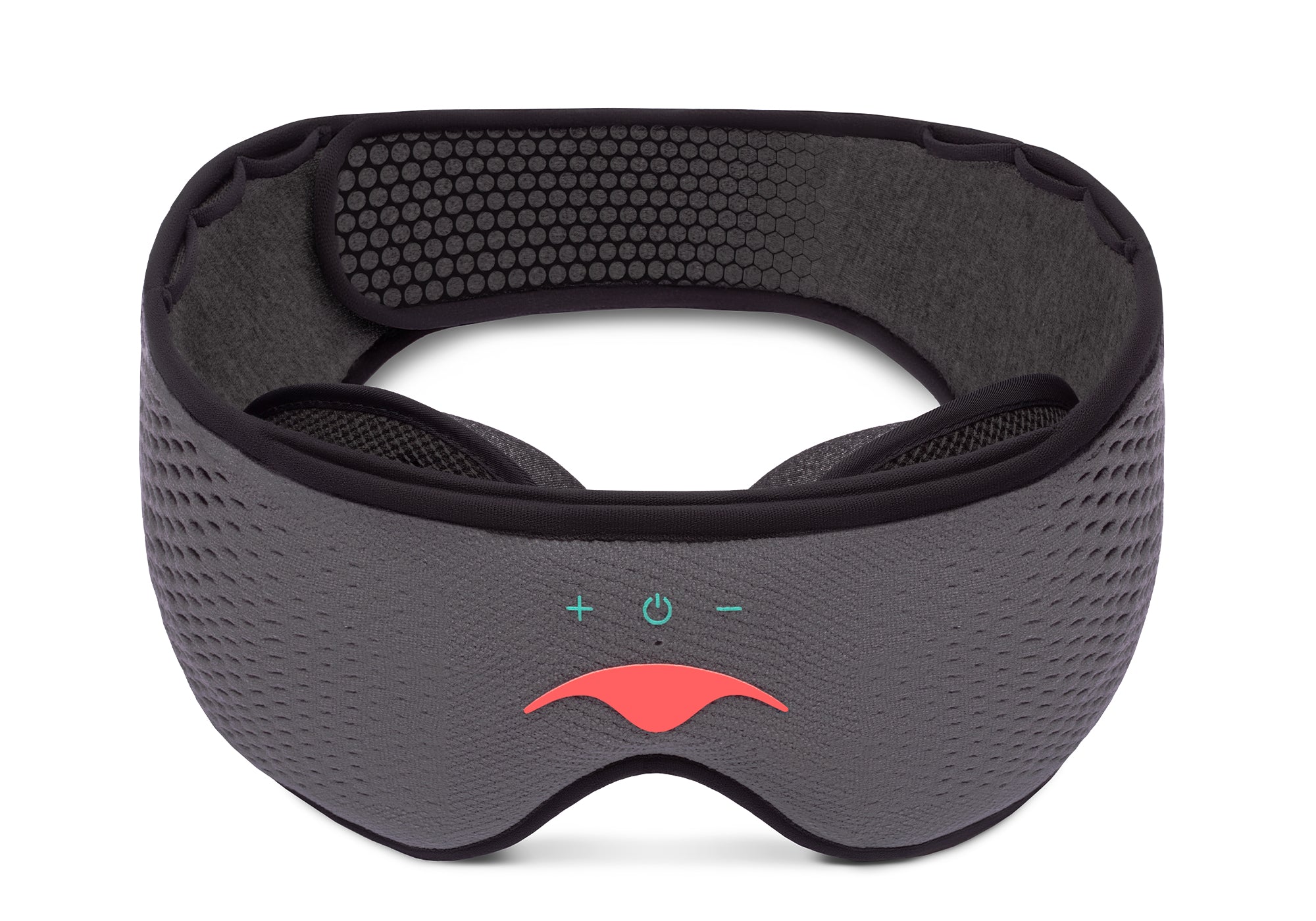 Straight-on front view of the grey Manta SOUND Sleep Mask, highlighting the central coral logo and turquoise electronic control icons on white.