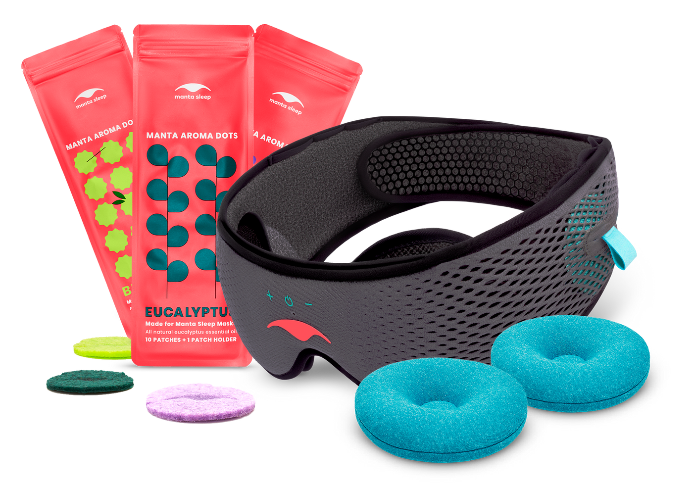 From left to right: Three packs of Manta AROMA Dots in various scents, grey Manta SOUND Sleep Mask and blue-teal Manta COOL Eye Cups.