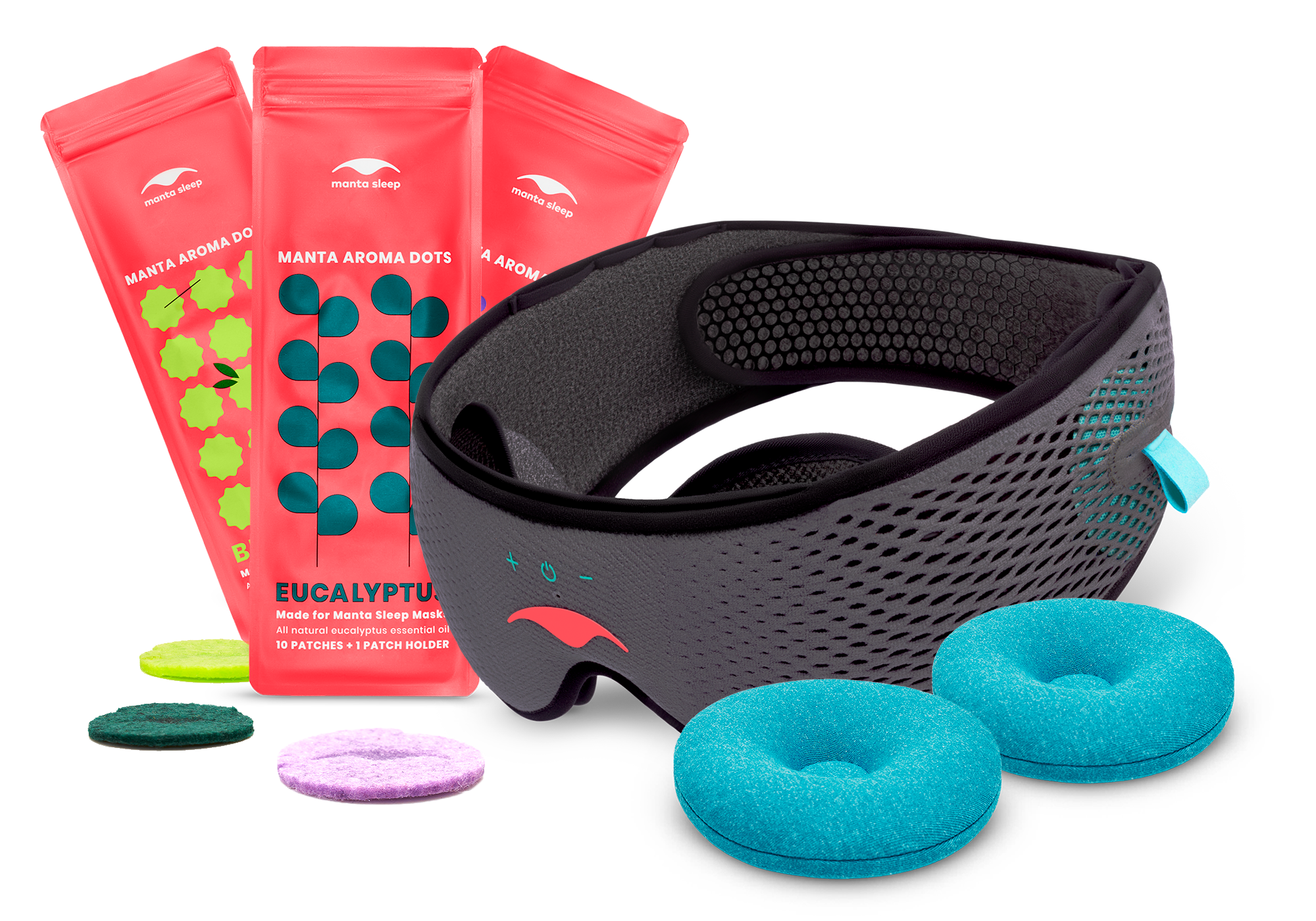 From left to right: Three packs of Manta AROMA Dots in various scents, grey Manta SOUND Sleep Mask and blue-teal Manta COOL Eye Cups.