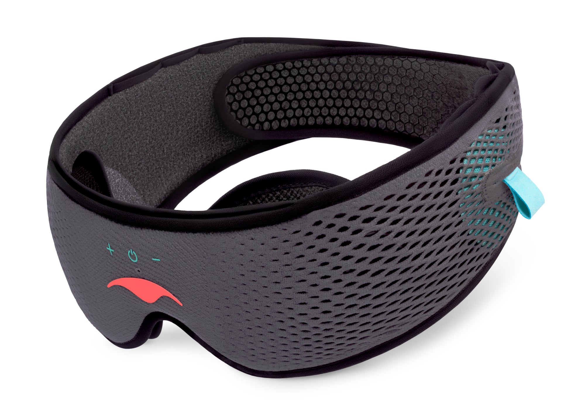 An angled view of the grey Manta SOUND Sleep Mask with built-in headphones, featuring a mesh texture, a coral logo, and electronic control icons on white.