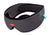An angled view of the grey Manta SOUND Sleep Mask with built-in headphones, featuring a mesh texture, a coral logo, and electronic control icons on white.
