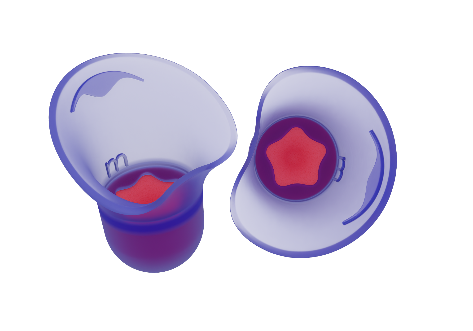 Pair of purple silicone earplugs showing the "m" size indicator and pink star-shaped foam cores inside, isolated on white.