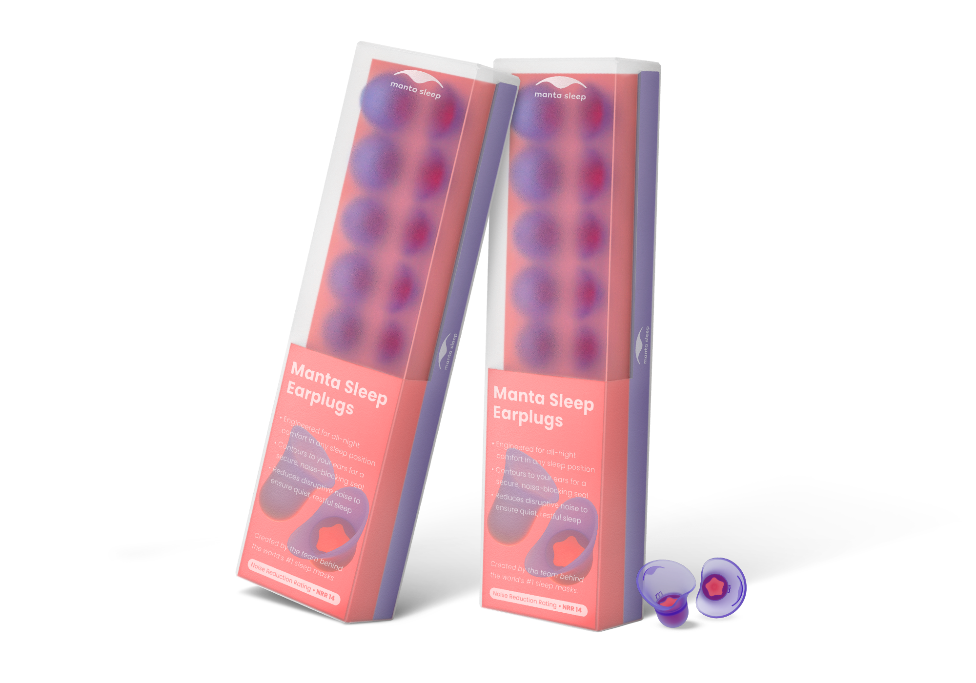 Two boxed packs of Manta Sleep Earplugs standing upright next to a pair of loose purple silicone earplugs, isolated on a white background.