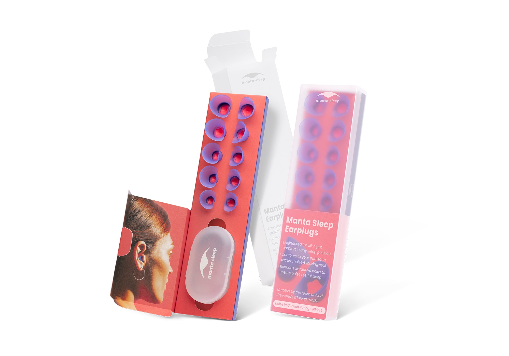 Manta Sleep Earplugs twin-pack packaging display, showcasing a white outer box, an open multi-size coral tray, and a second boxed set on white.