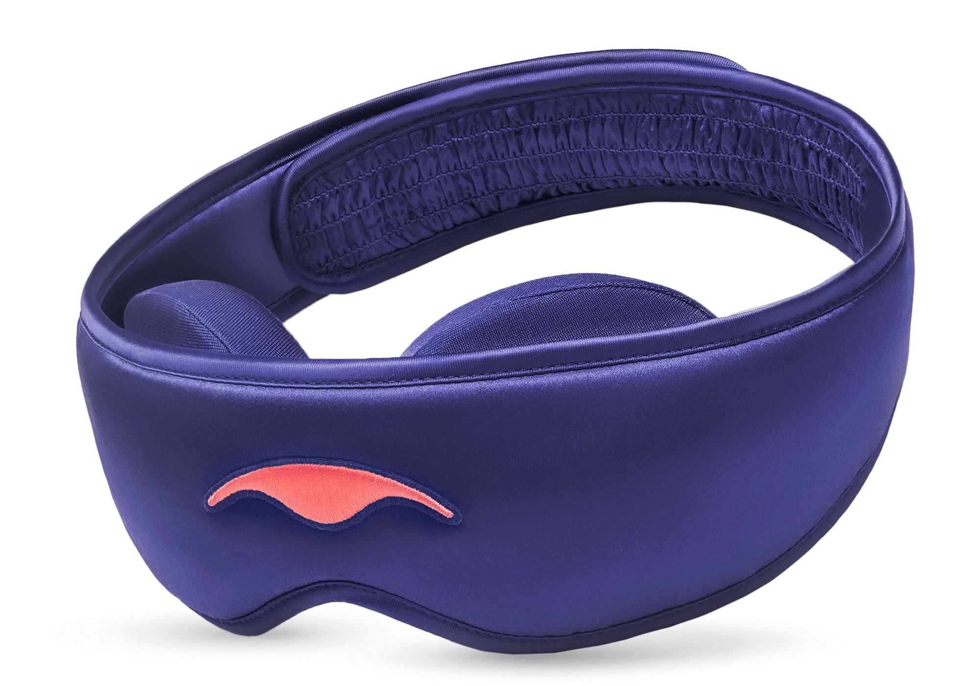 Three-quarter studio shot of the Manta SILK Sleep Mask in lustrous purple, featuring an embroidered coral logo and a ruched back strap section.