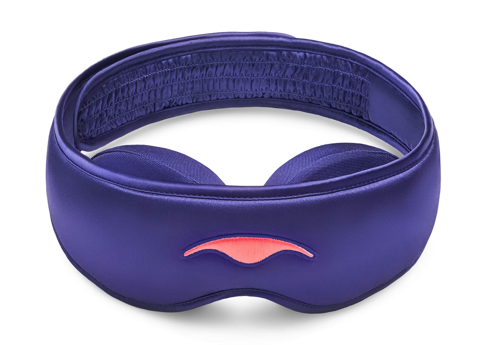 Front-facing studio view of the purple Manta Sleep Mask SILK, showing its smooth silk texture, ruched inner strap, and coral embroidered logo.