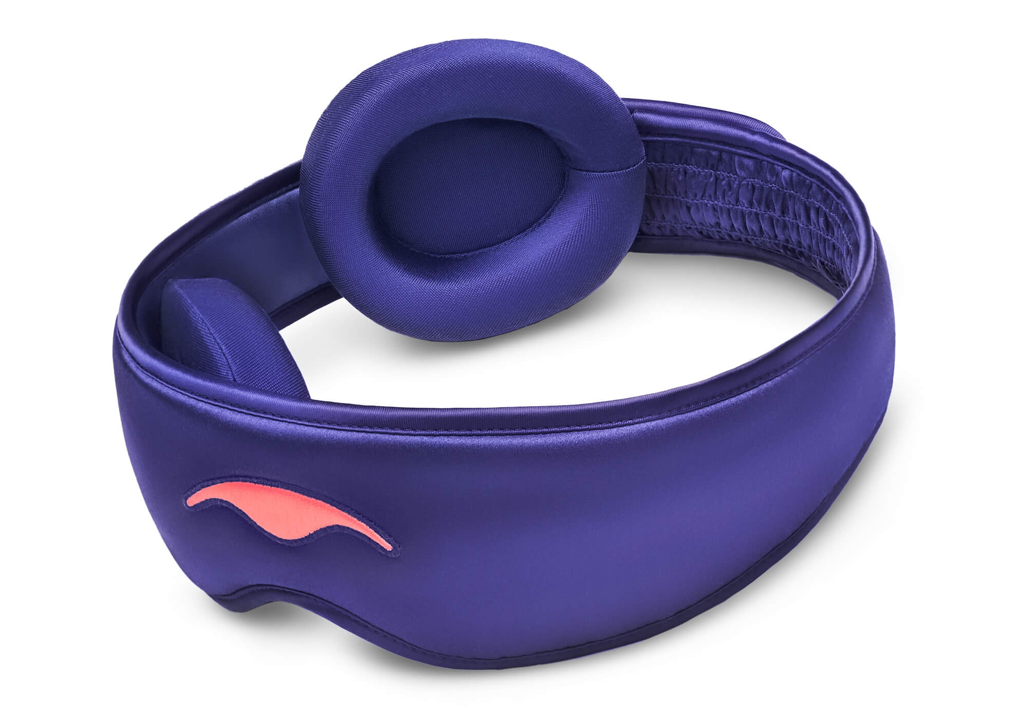 Rear-angled view of a purple silk sleep mask showing a single, thick contoured eye cup and the ruched interior section of the head strap.
