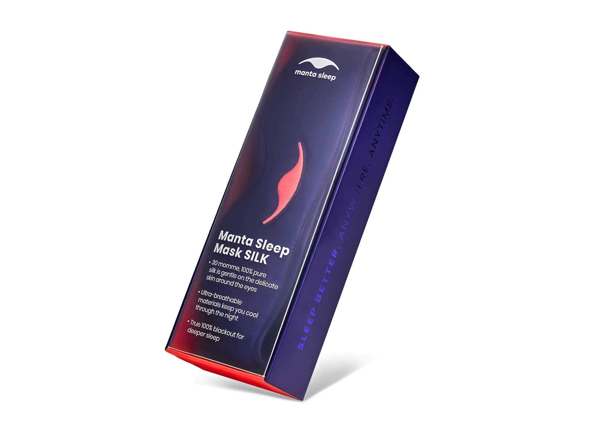 Manta Sleep Mask SILK in a premium purple and dark blue box, highlighting its 30 momme pure silk, breathability, and 100% blackout features.