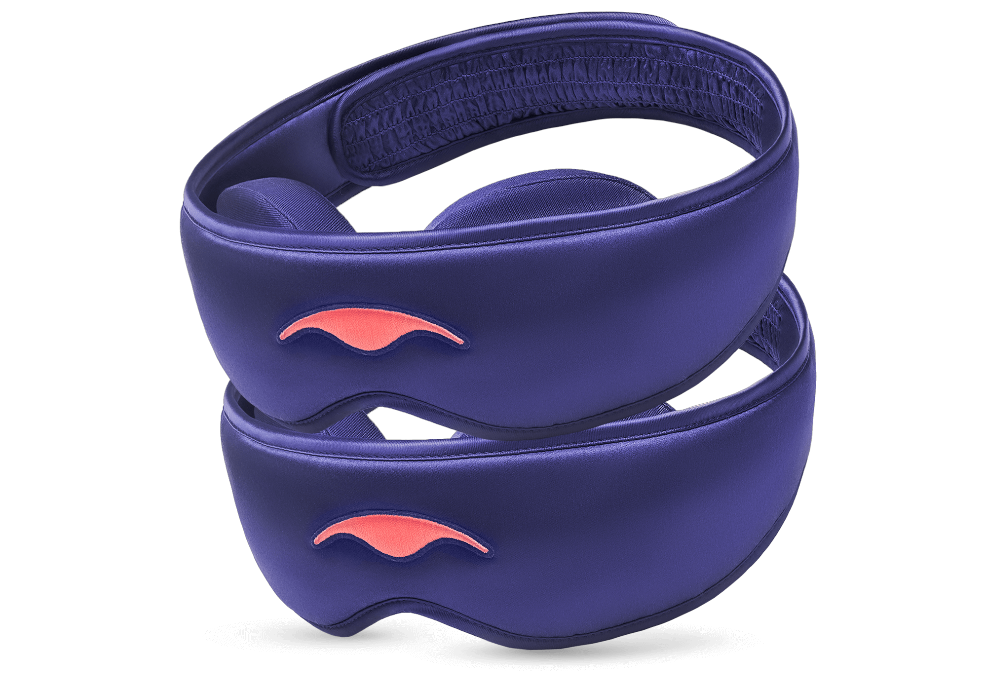 Two purple Manta Sleep Mask SILK units stacked diagonally, showcasing their lustrous texture and coral embroidered Manta Sleep logos.